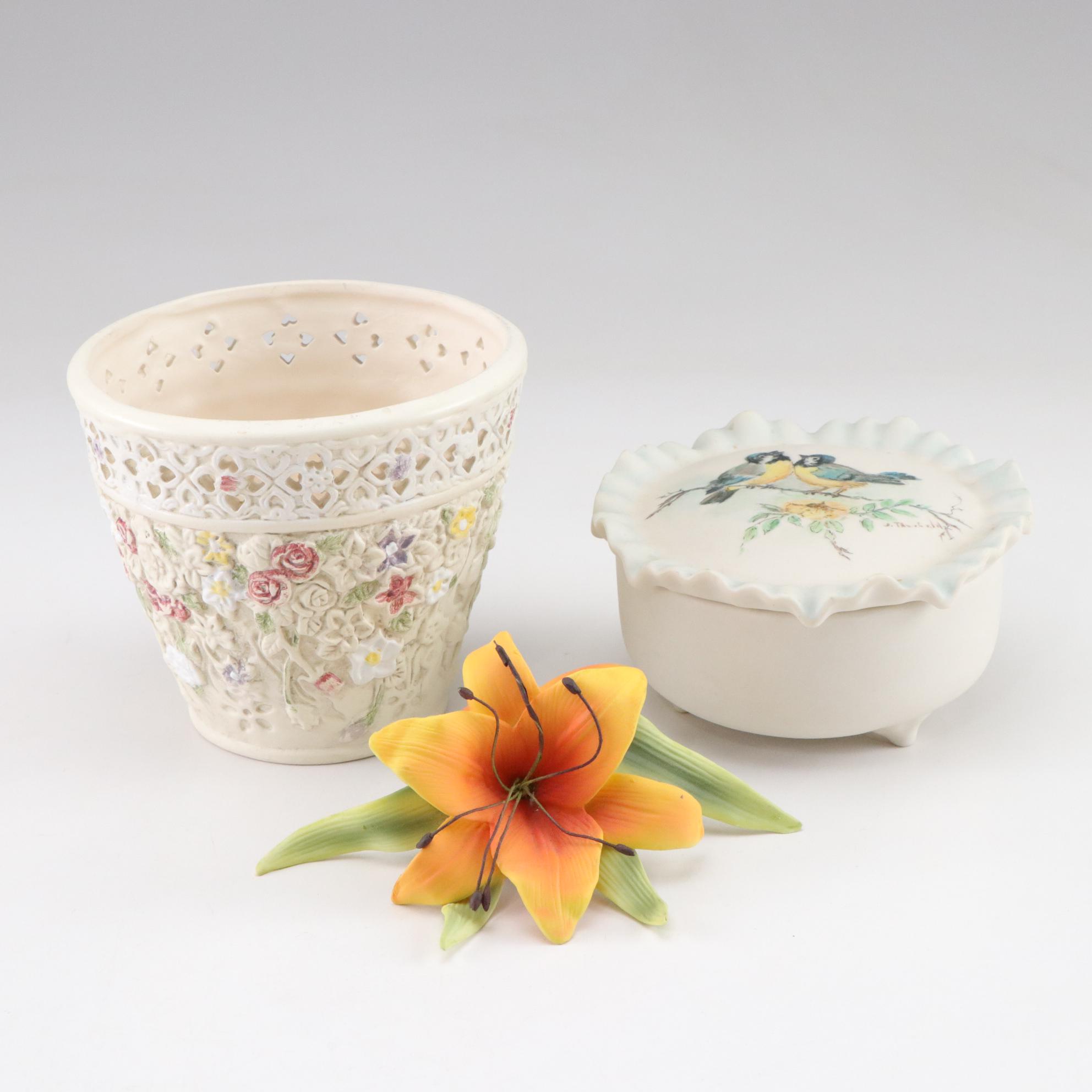Hand-Painted Blue Bird Dish, Floral Planter & Yellow Lily Sculpture