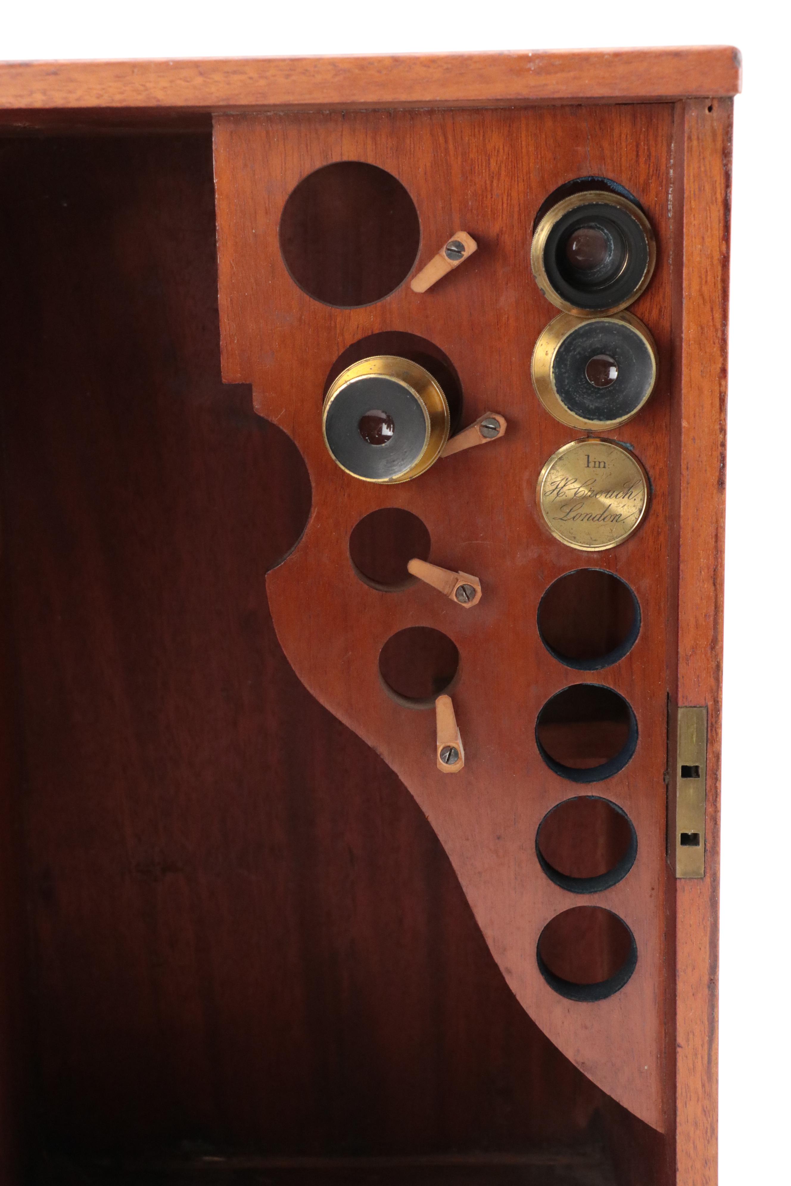 English Henry Crouch Lacquered Brass Binocular Microscope, Late 19th C.