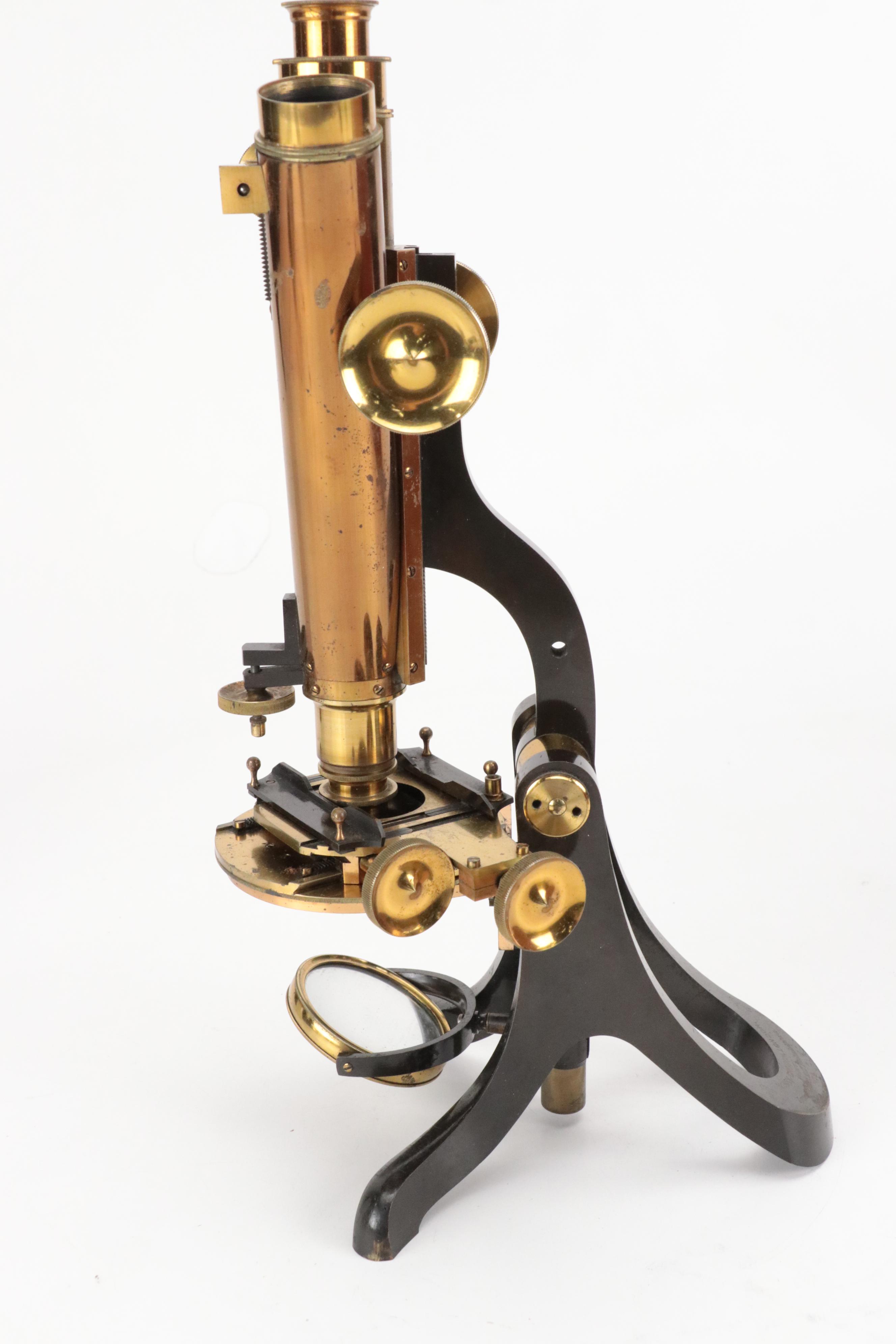 English Henry Crouch Lacquered Brass Binocular Microscope, Late 19th C.