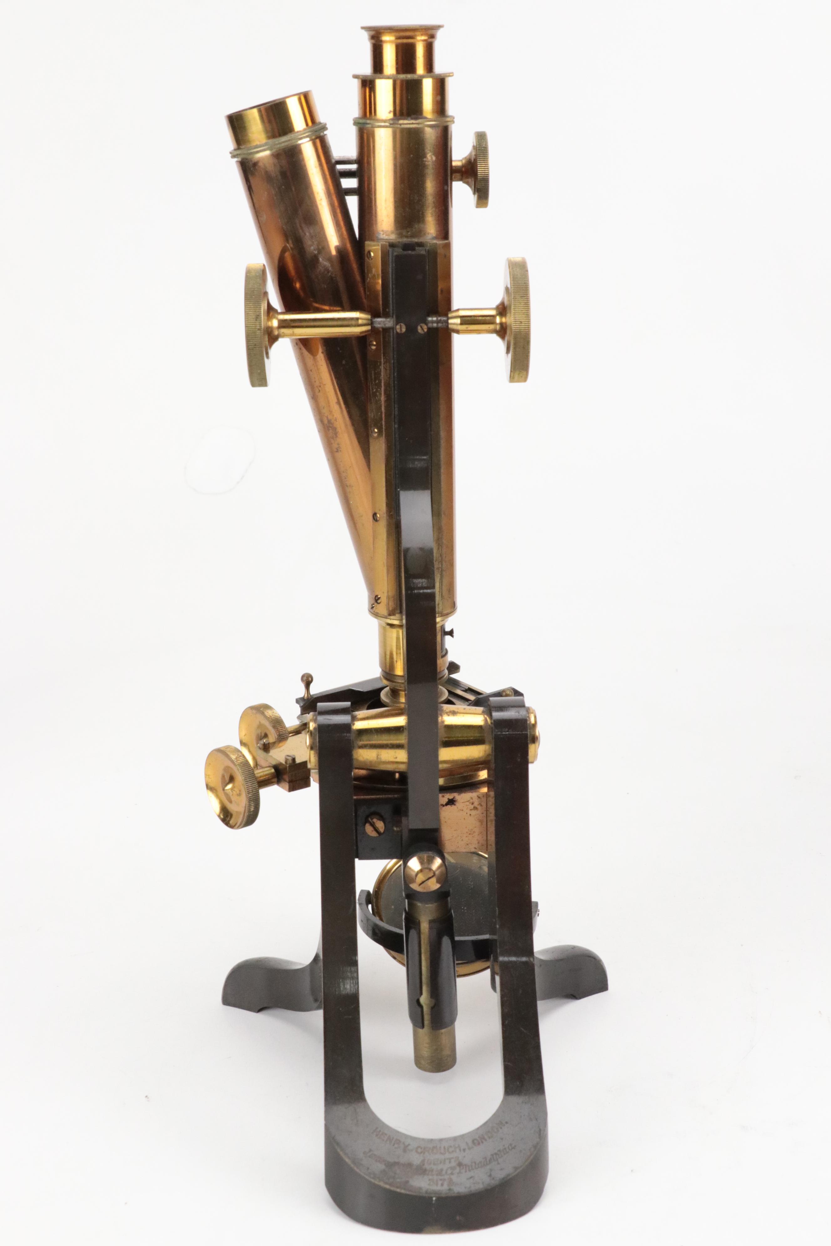 English Henry Crouch Lacquered Brass Binocular Microscope, Late 19th C.