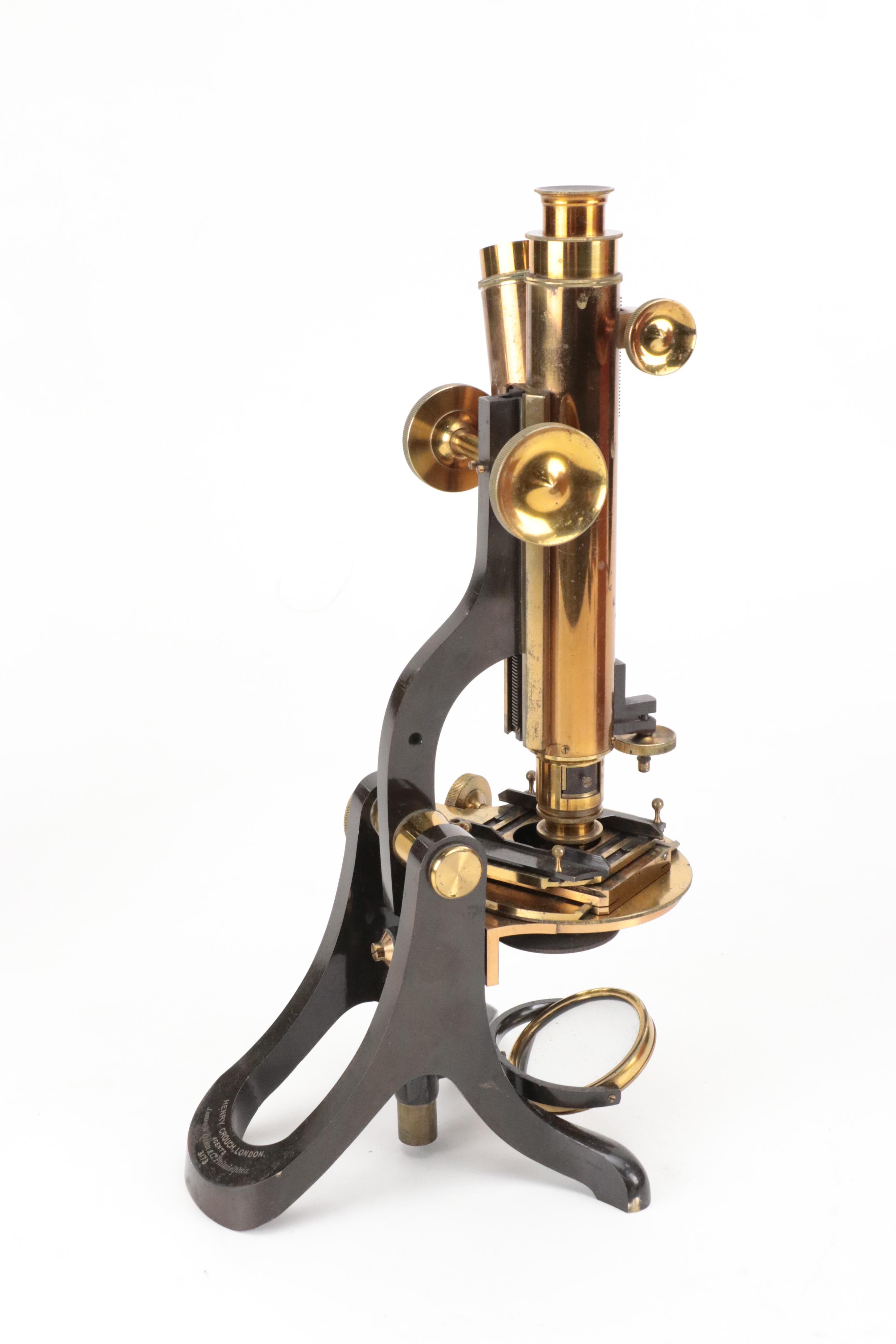 English Henry Crouch Lacquered Brass Binocular Microscope, Late 19th C.
