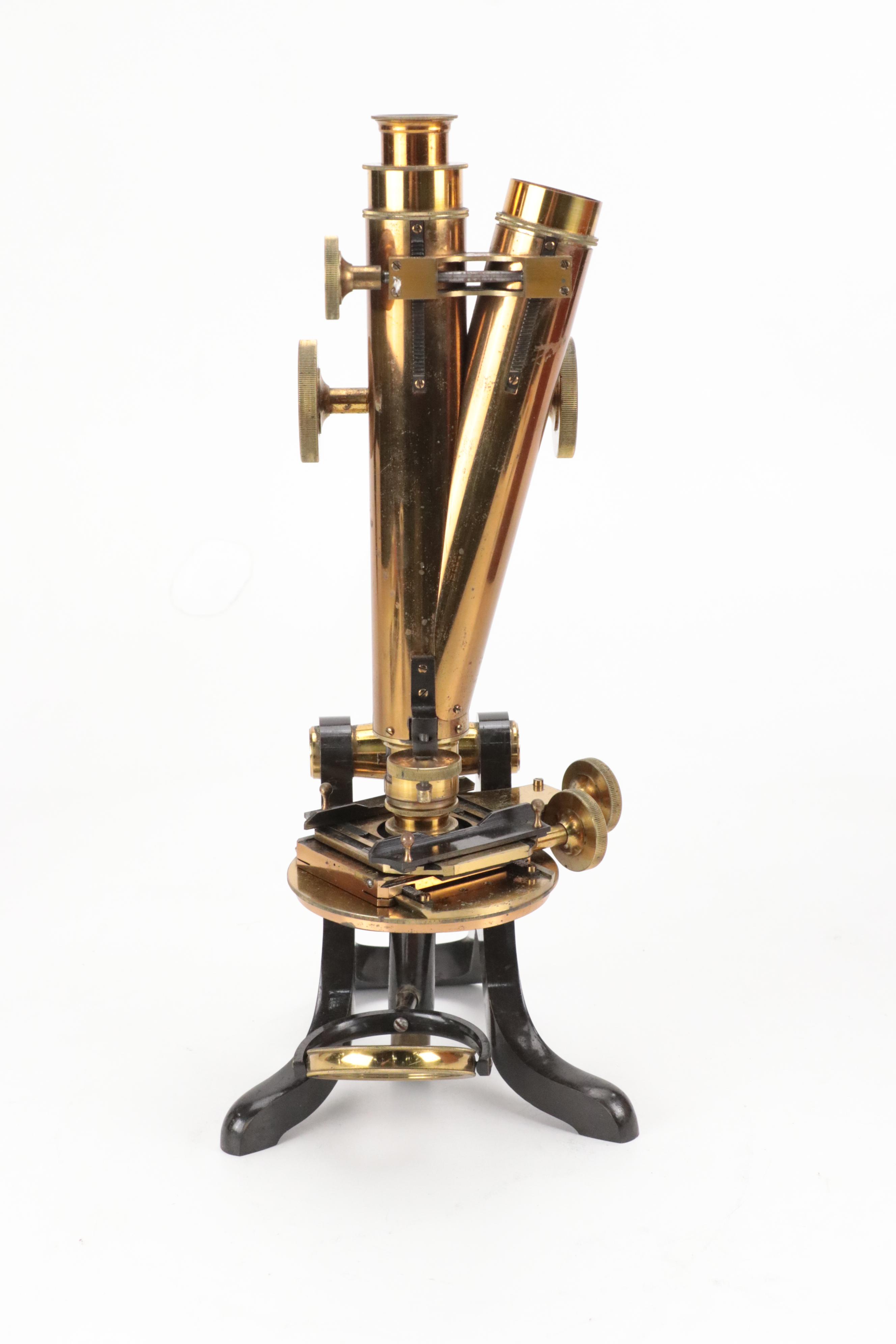 English Henry Crouch Lacquered Brass Binocular Microscope, Late 19th C.