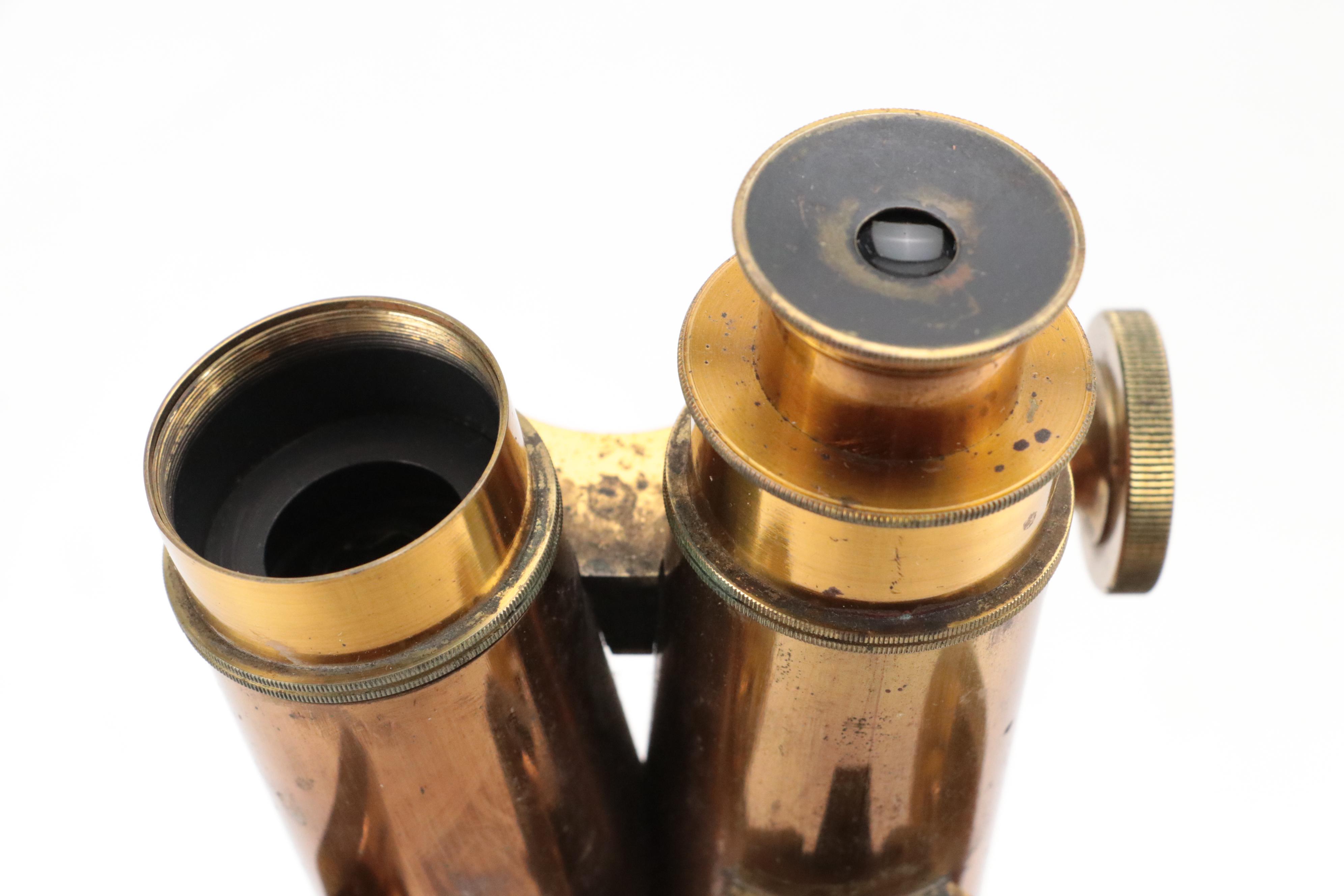 English Henry Crouch Lacquered Brass Binocular Microscope, Late 19th C.