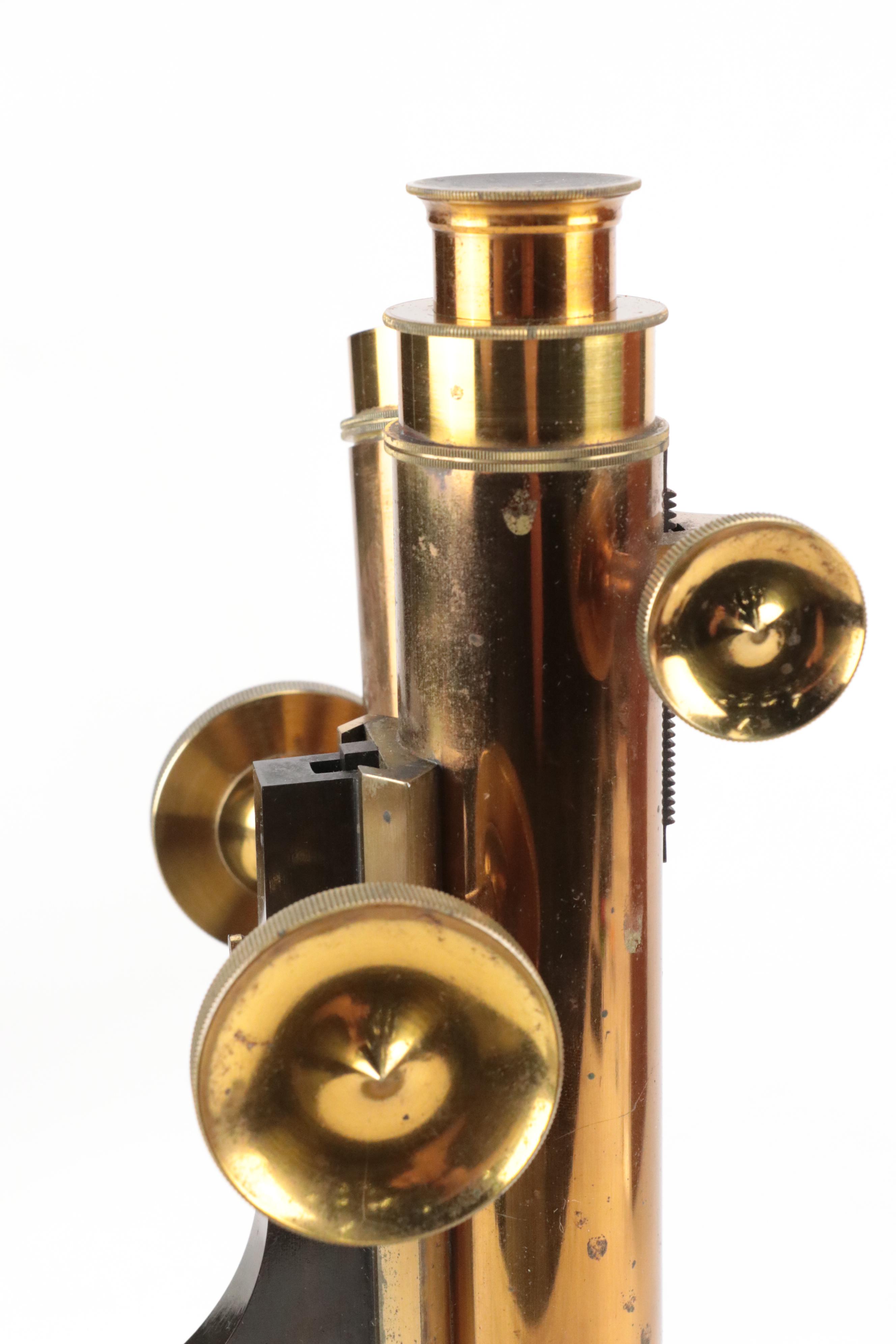 English Henry Crouch Lacquered Brass Binocular Microscope, Late 19th C.