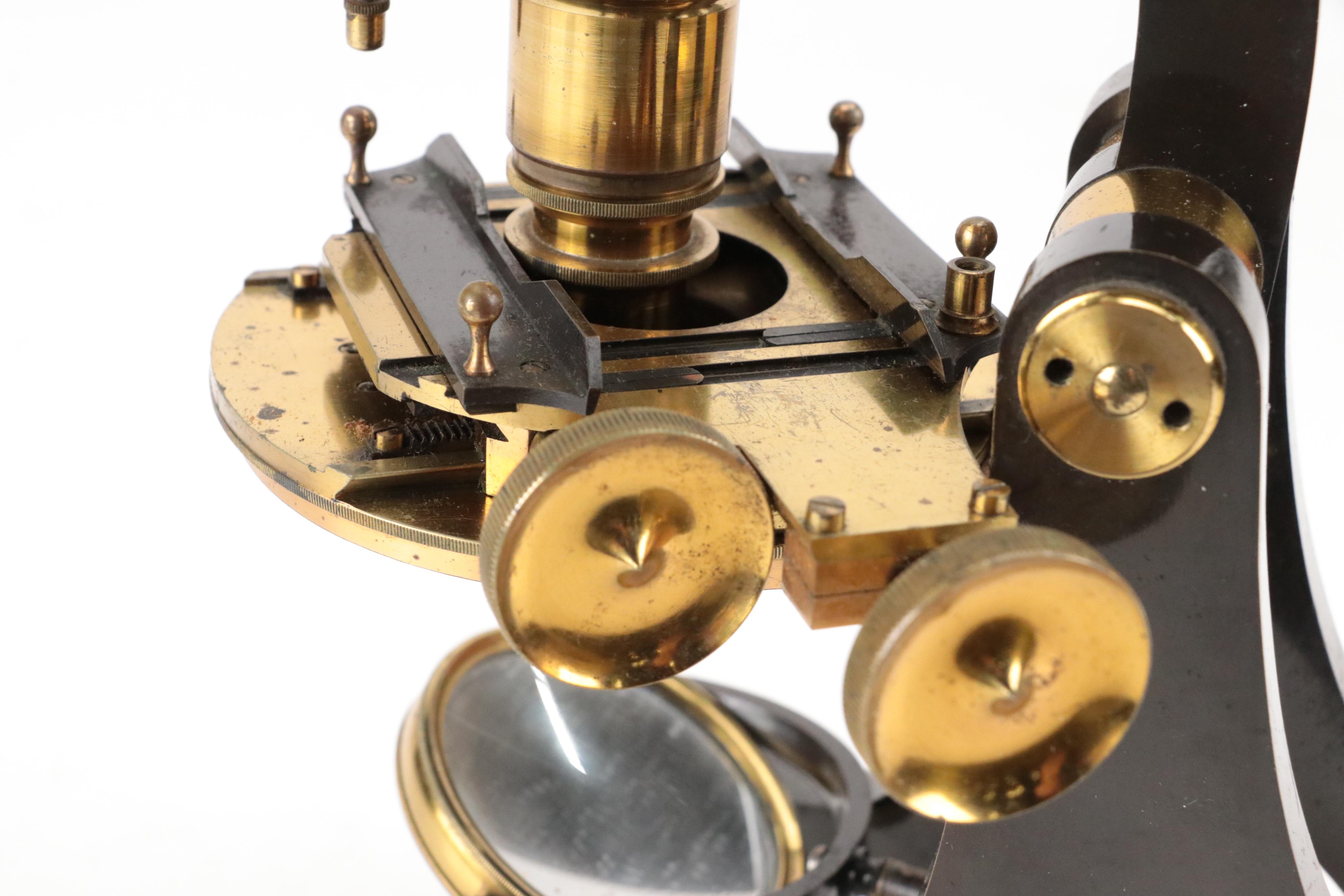 English Henry Crouch Lacquered Brass Binocular Microscope, Late 19th C.