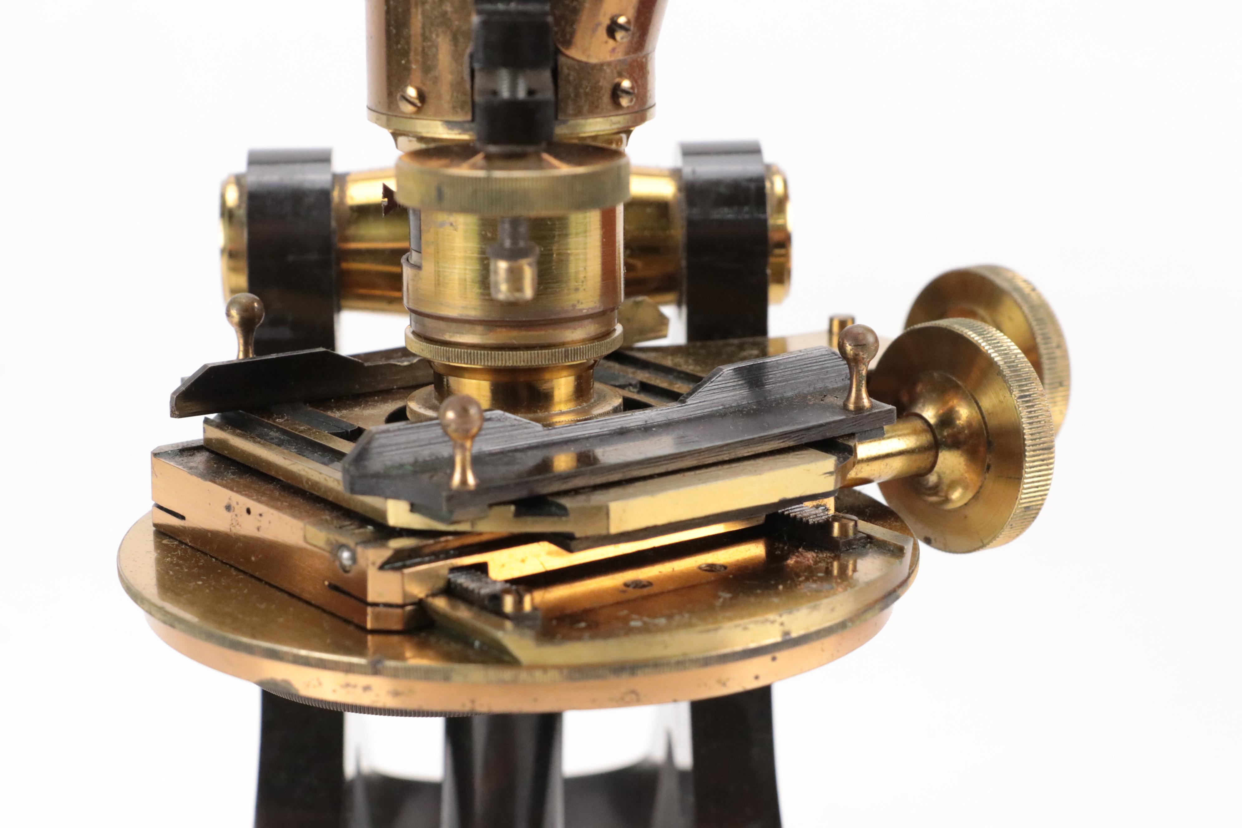 English Henry Crouch Lacquered Brass Binocular Microscope, Late 19th C.
