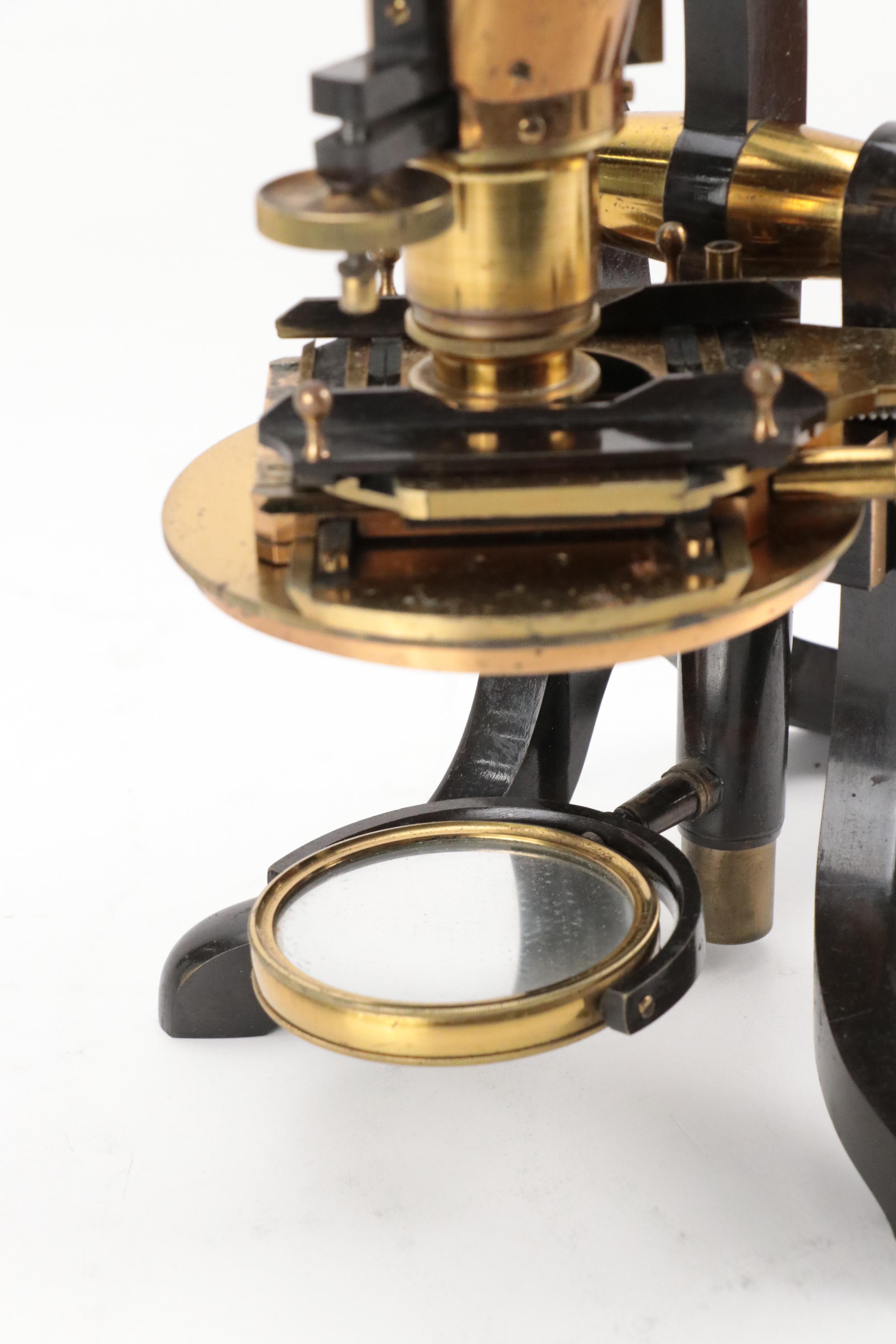 English Henry Crouch Lacquered Brass Binocular Microscope, Late 19th C.
