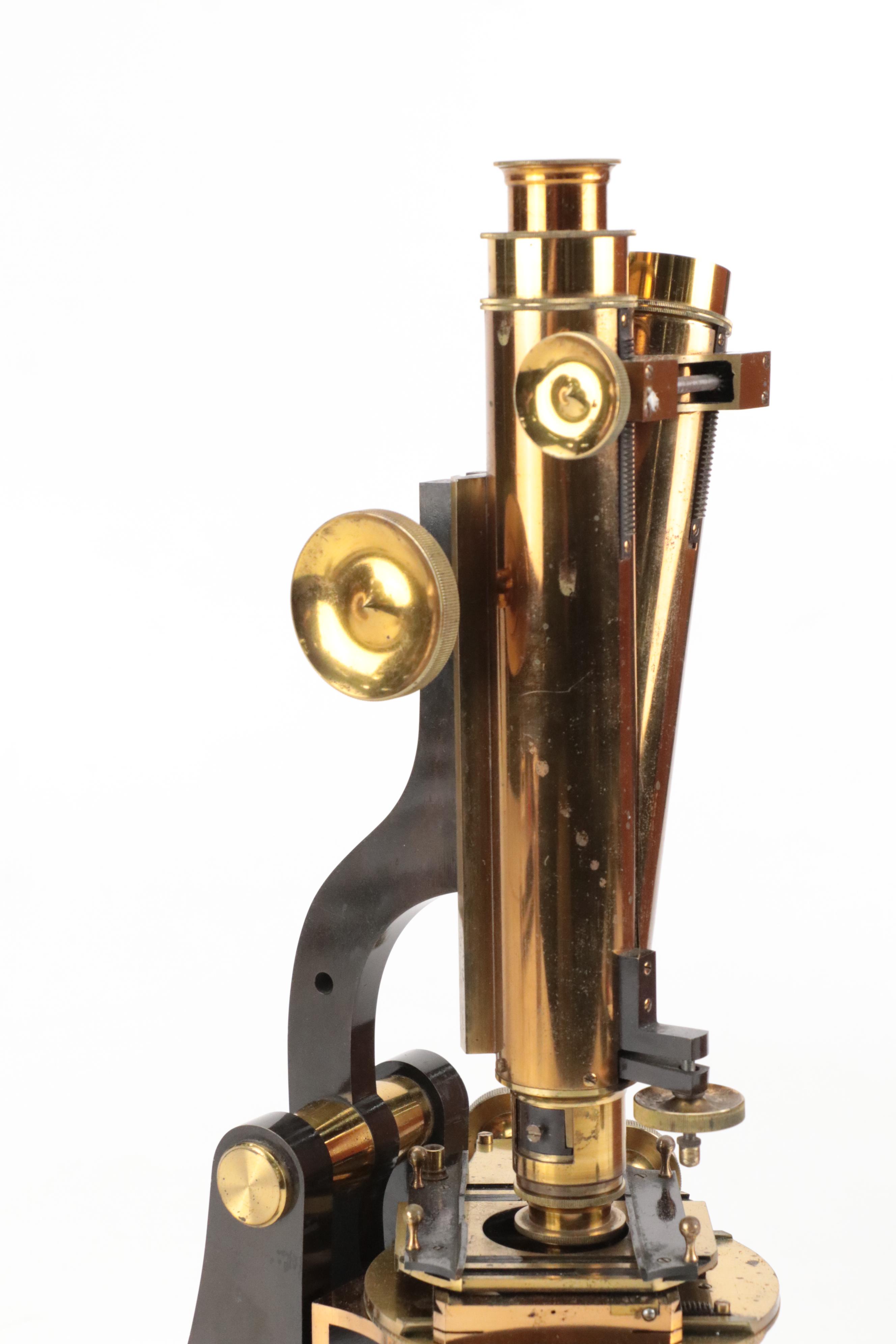 English Henry Crouch Lacquered Brass Binocular Microscope, Late 19th C.