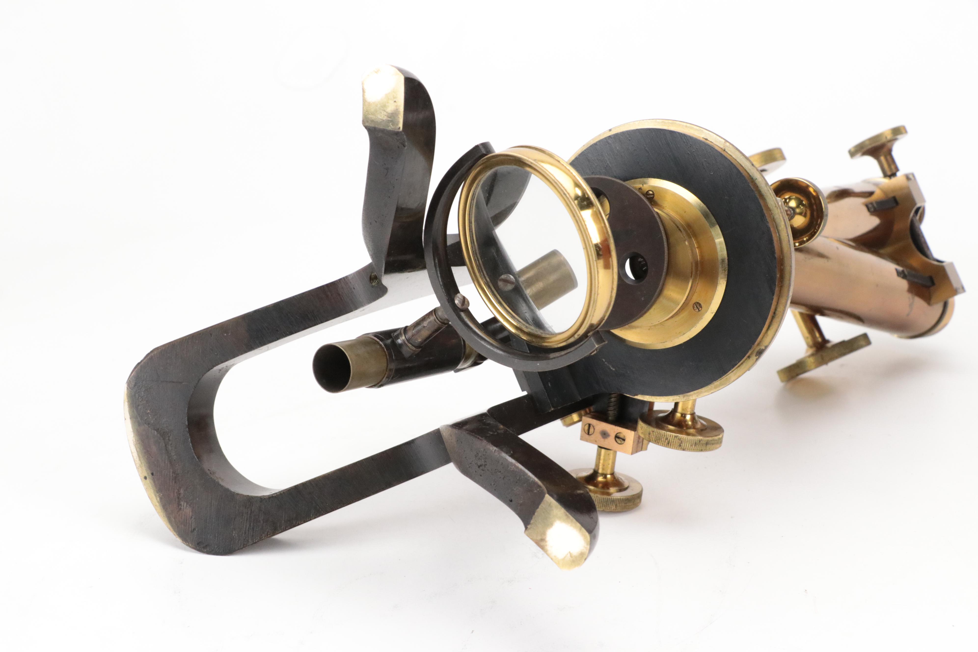 English Henry Crouch Lacquered Brass Binocular Microscope, Late 19th C.