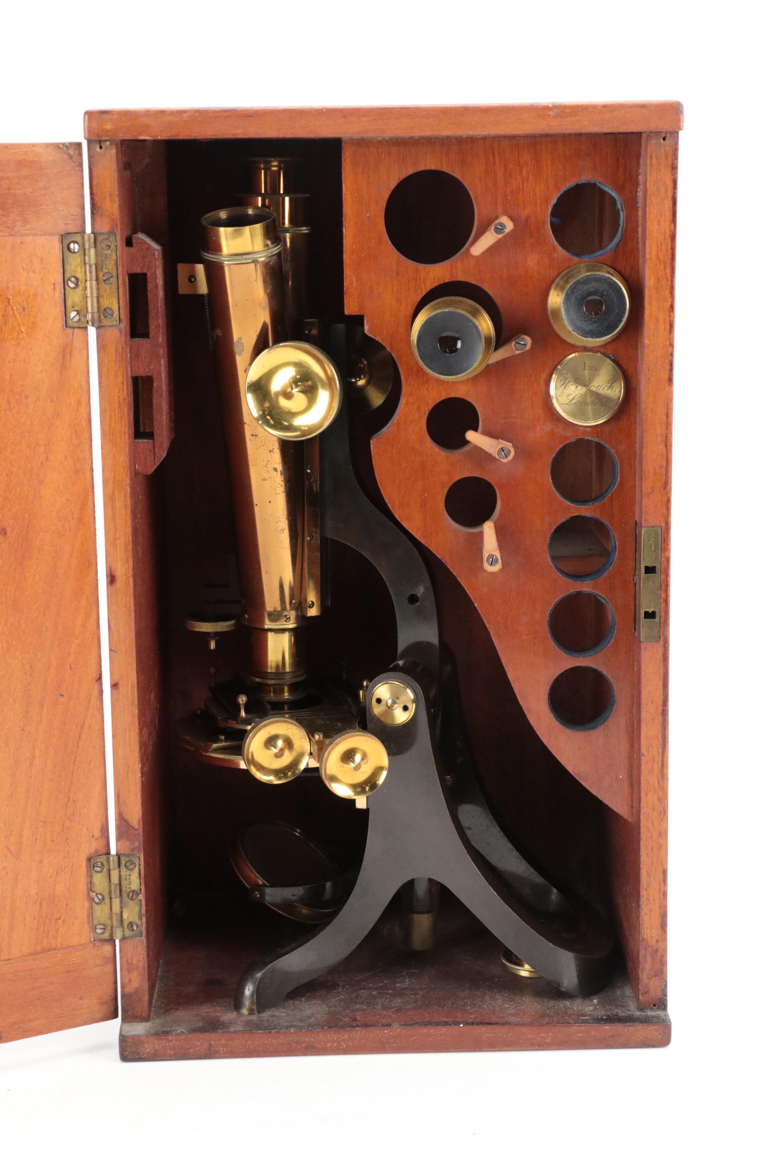 English Henry Crouch Lacquered Brass Binocular Microscope, Late 19th C.