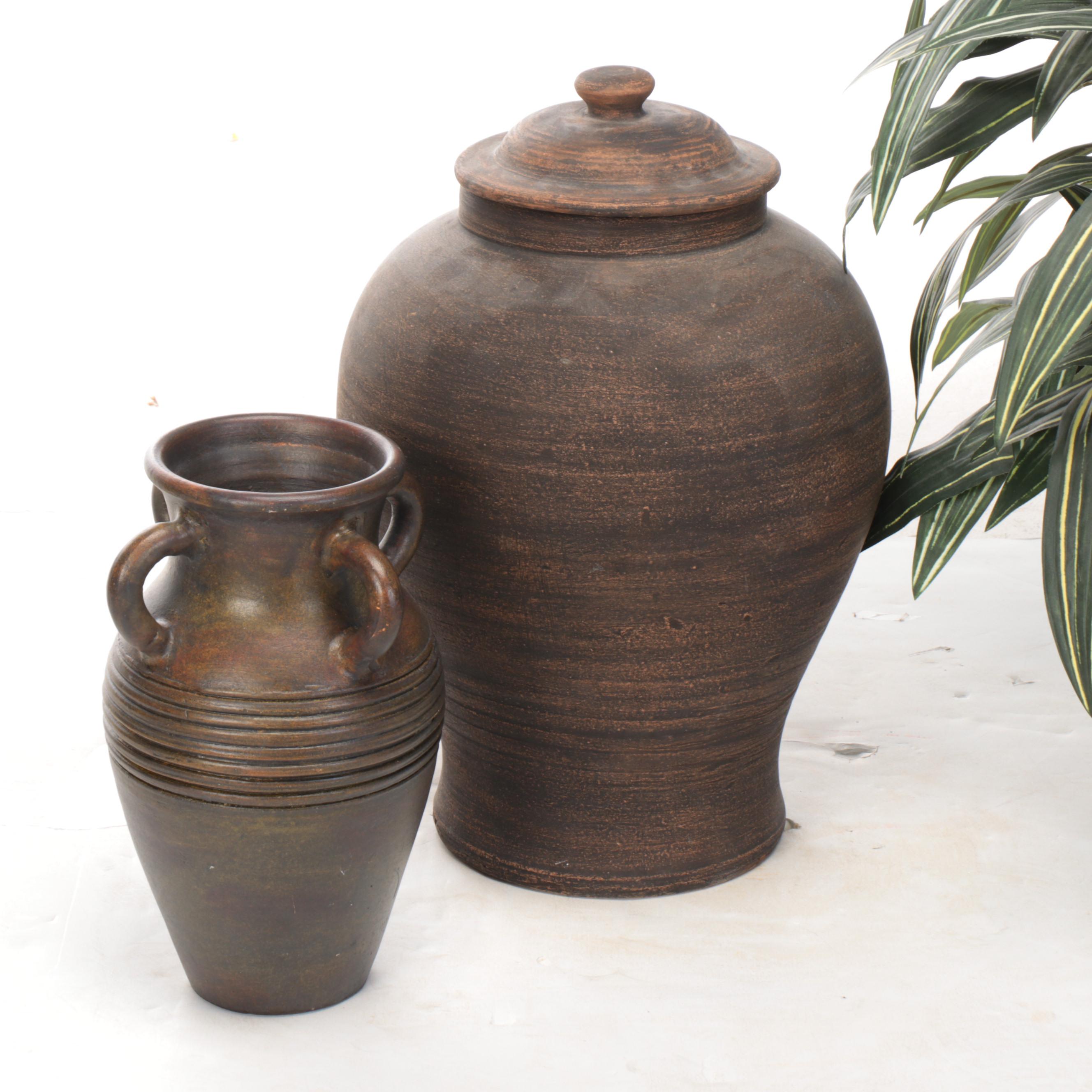 Wheel-Thrown Lidded Ginger Jar and Four-Handled Vase with Artificial Plant