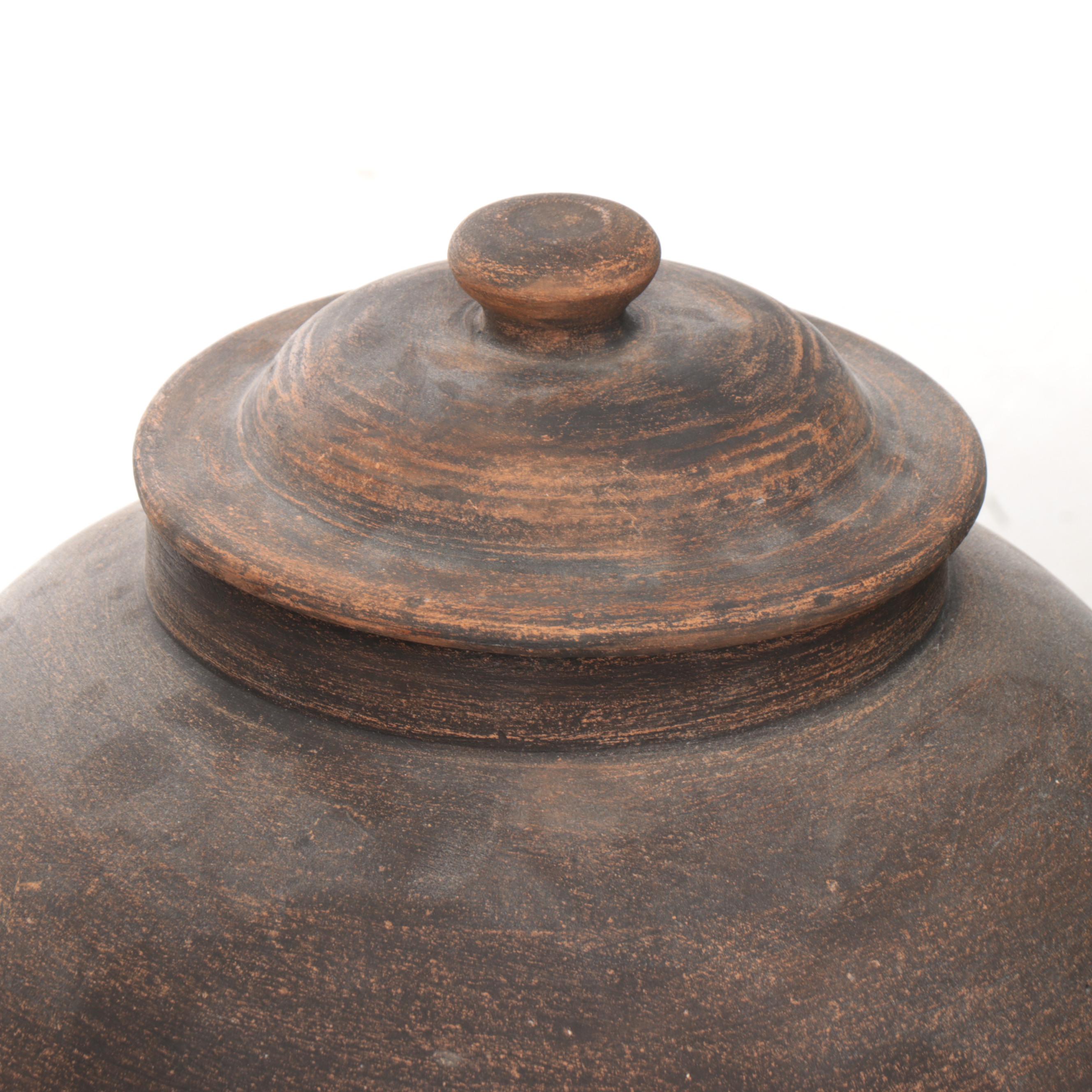 Wheel-Thrown Lidded Ginger Jar and Four-Handled Vase with Artificial Plant