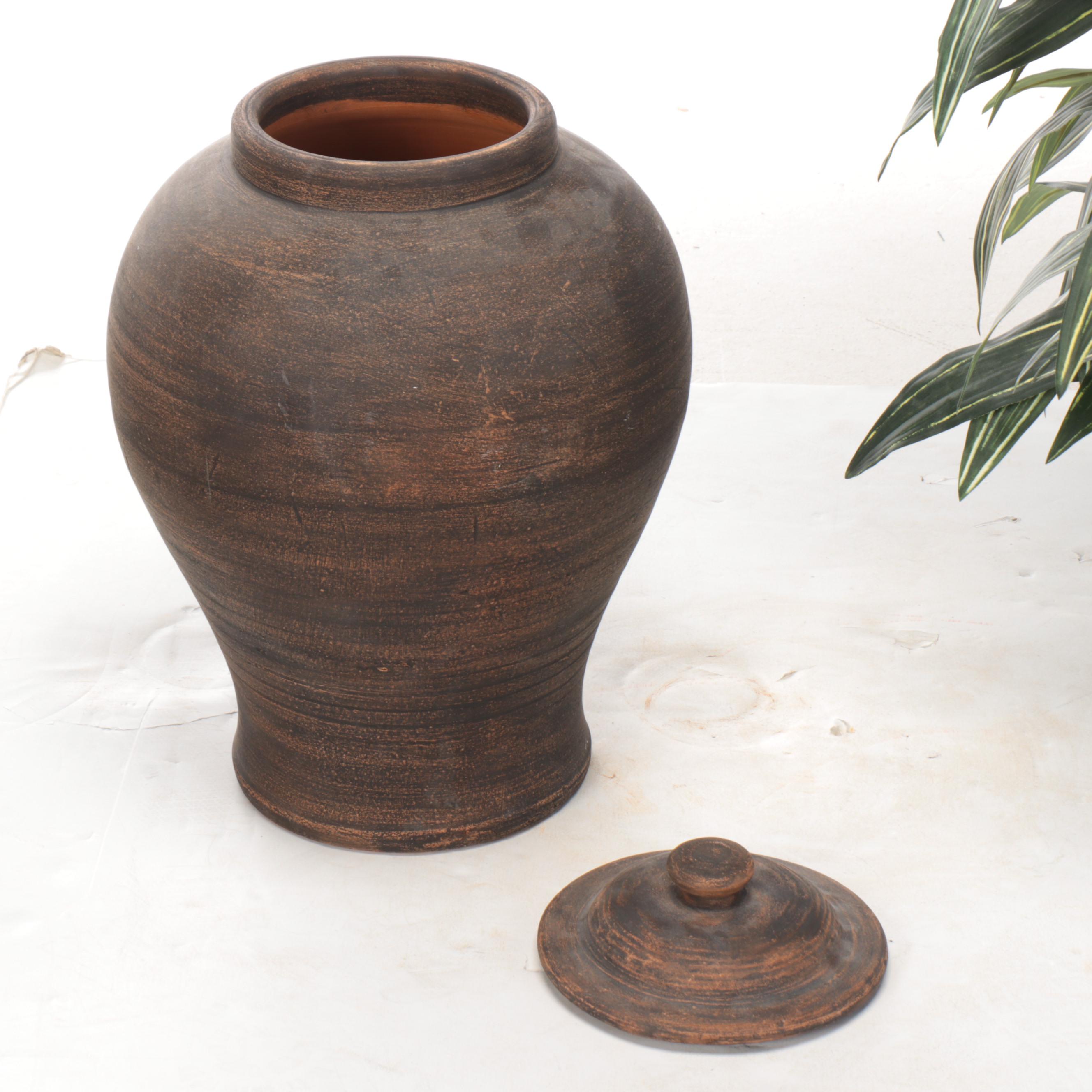 Wheel-Thrown Lidded Ginger Jar and Four-Handled Vase with Artificial Plant