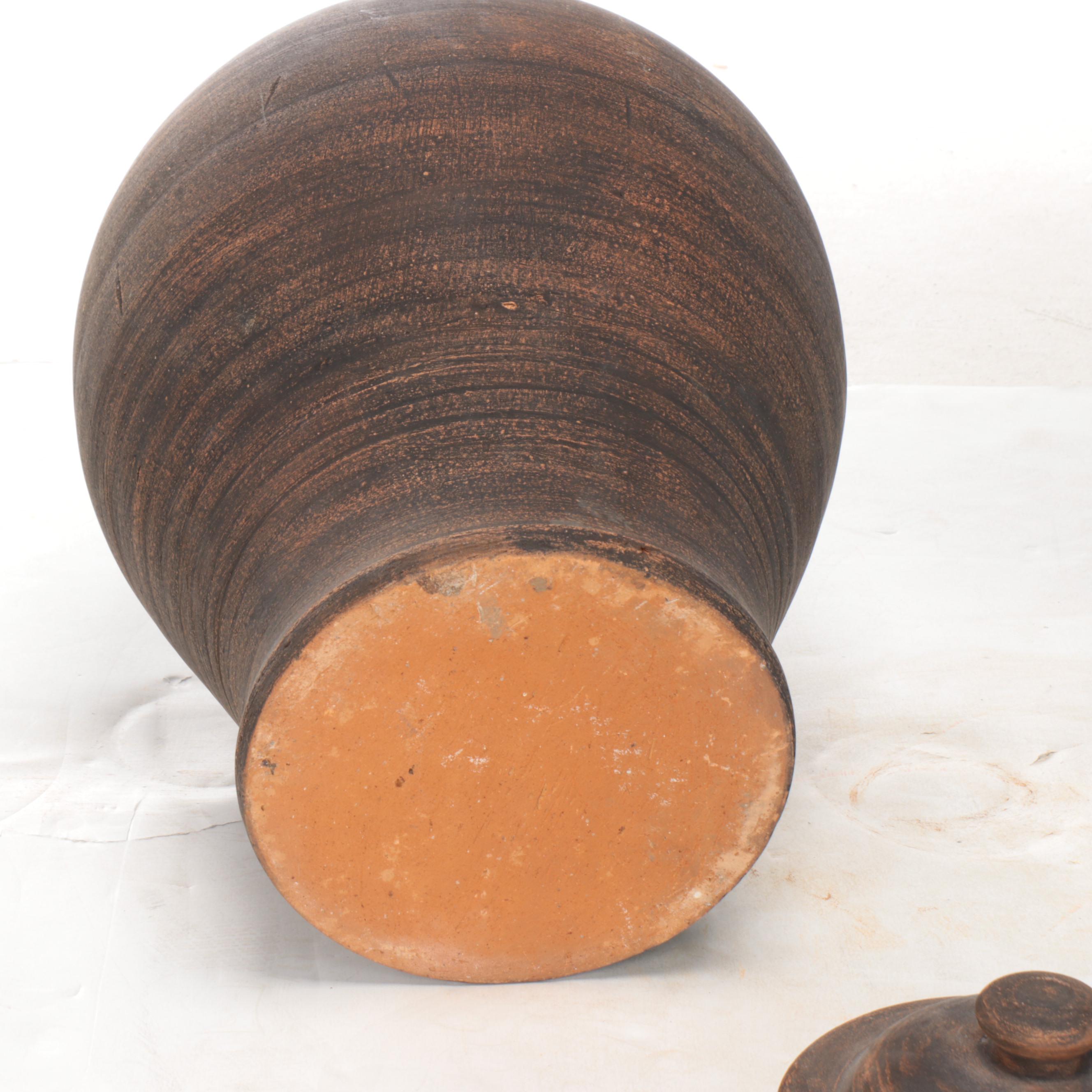 Wheel-Thrown Lidded Ginger Jar and Four-Handled Vase with Artificial Plant