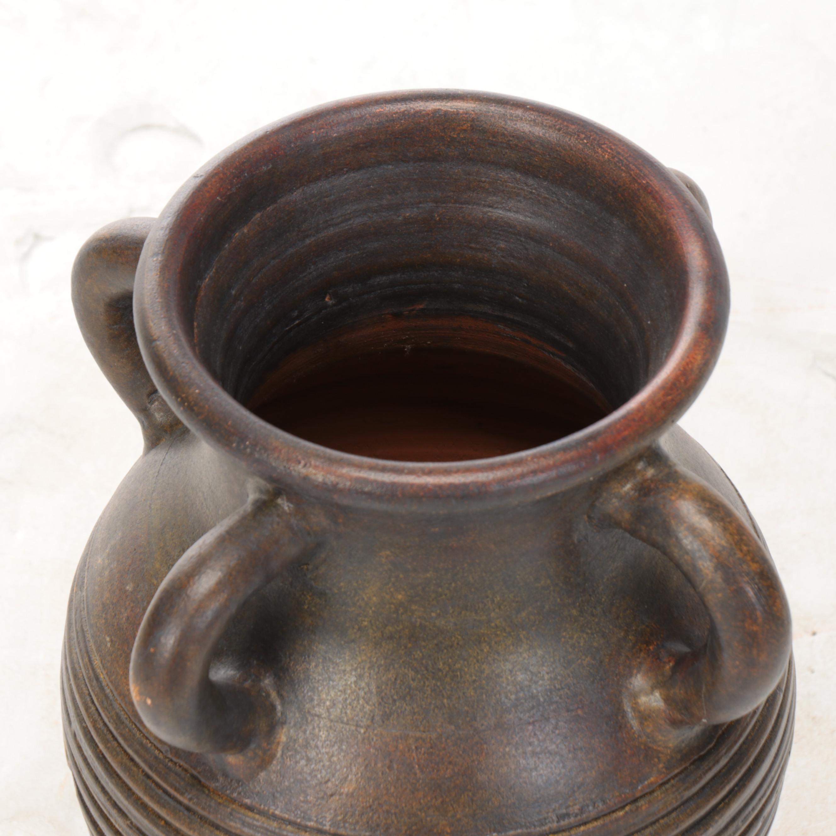 Wheel-Thrown Lidded Ginger Jar and Four-Handled Vase with Artificial Plant