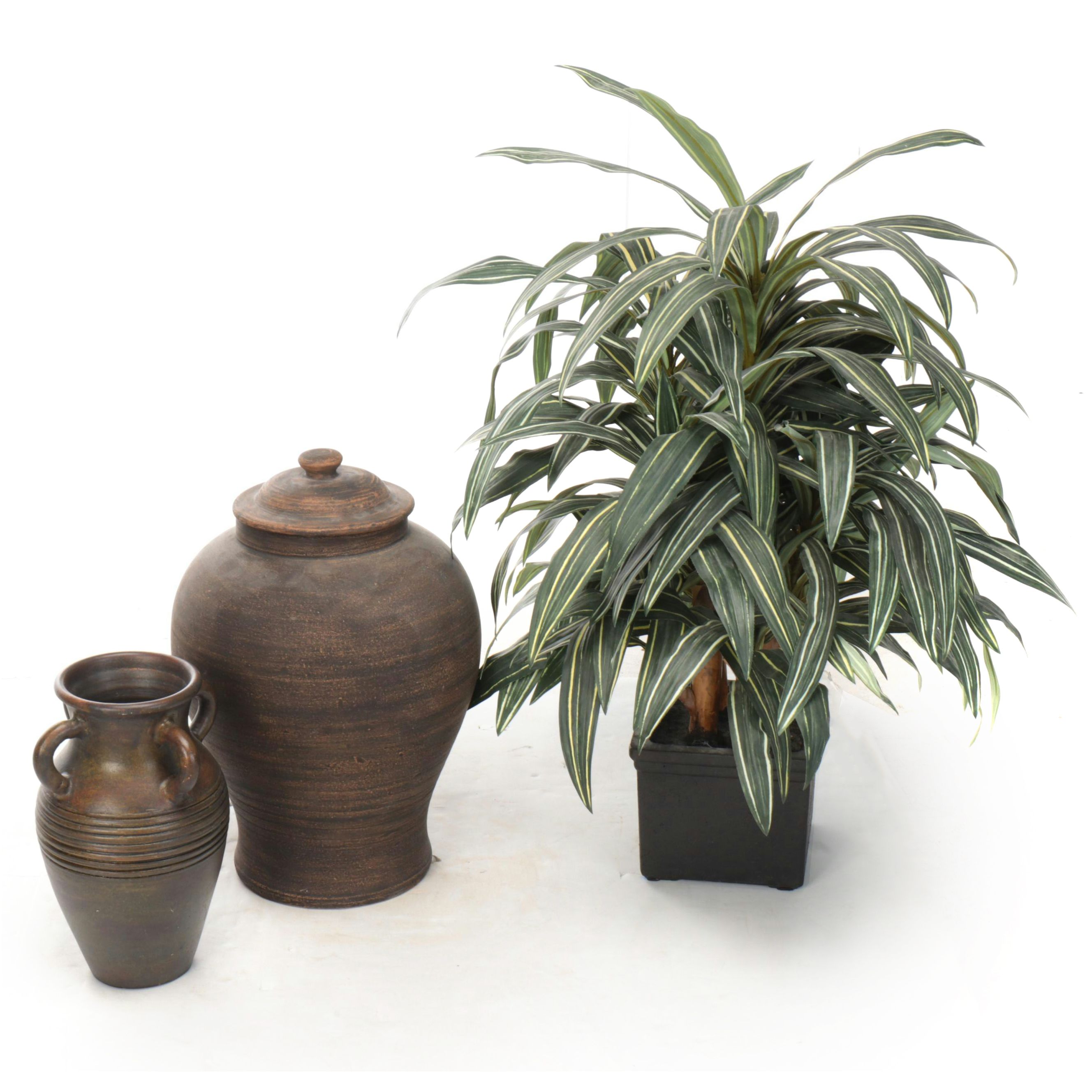 Wheel-Thrown Lidded Ginger Jar and Four-Handled Vase with Artificial Plant