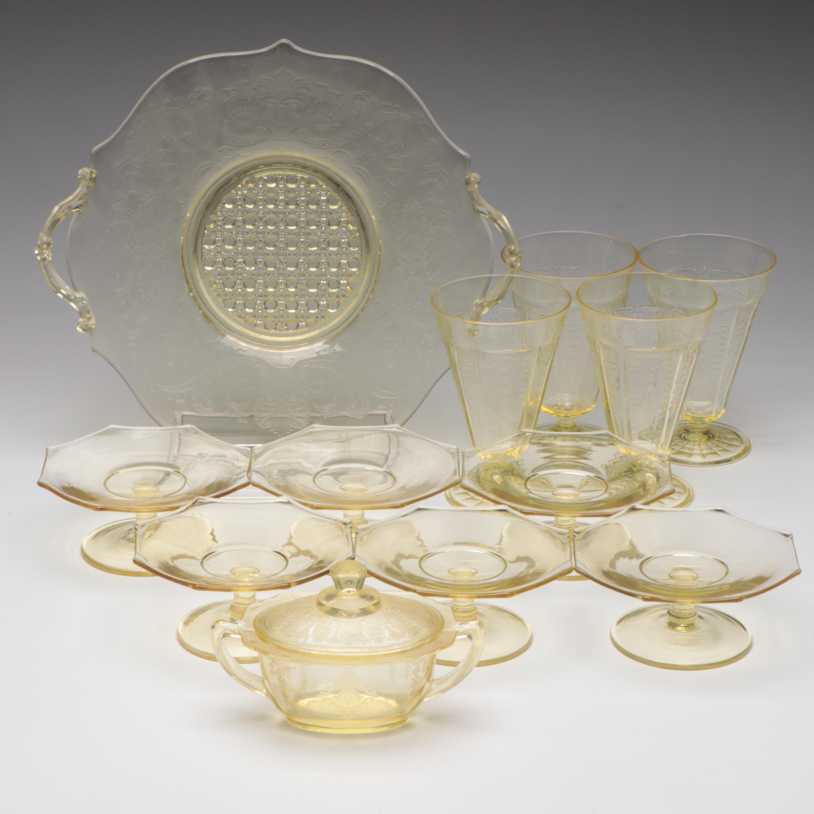 Lancaster Glass "Cane Landrum" and Other Yellow Depression Glass Tableware