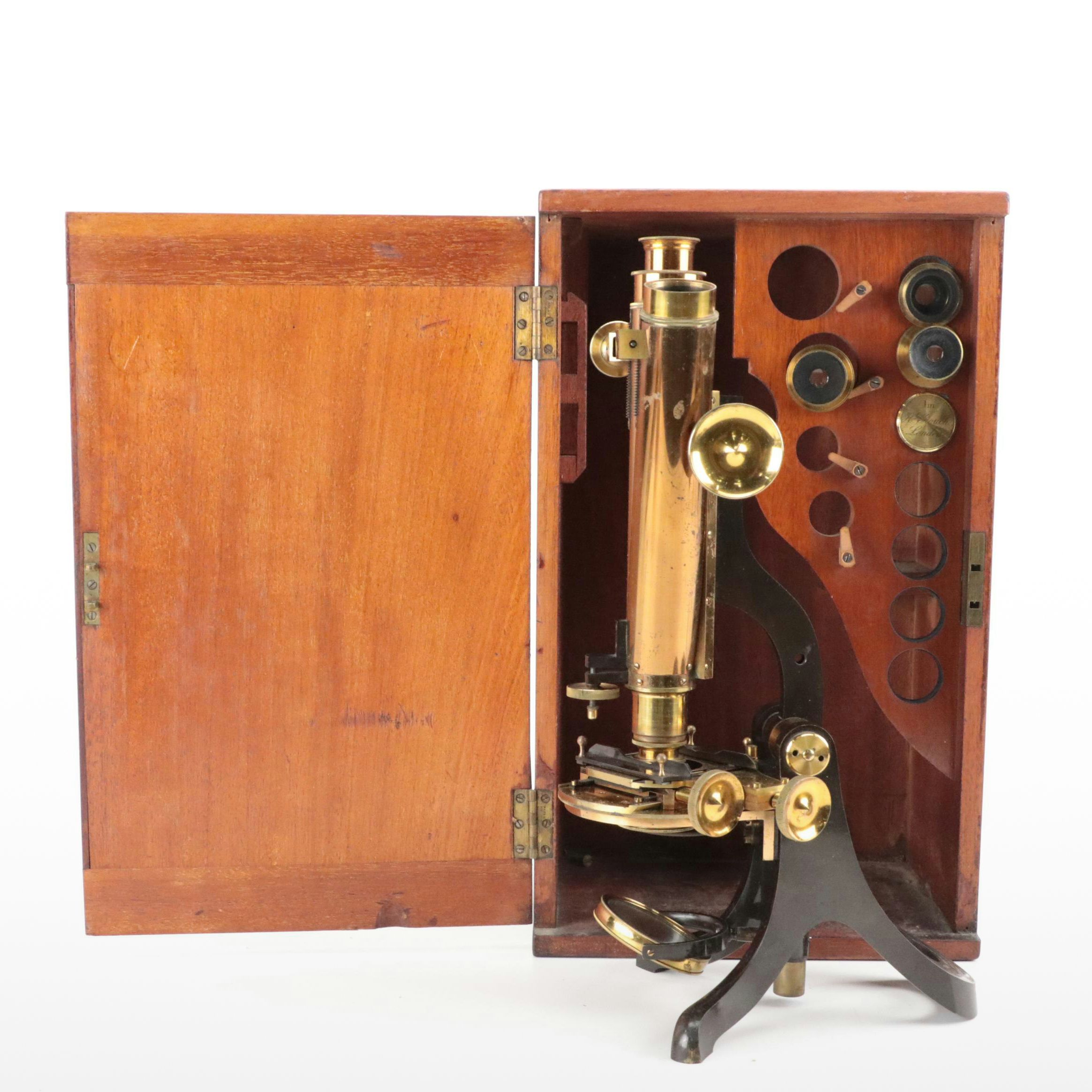 English Henry Crouch Lacquered Brass Binocular Microscope, Late 19th C.
