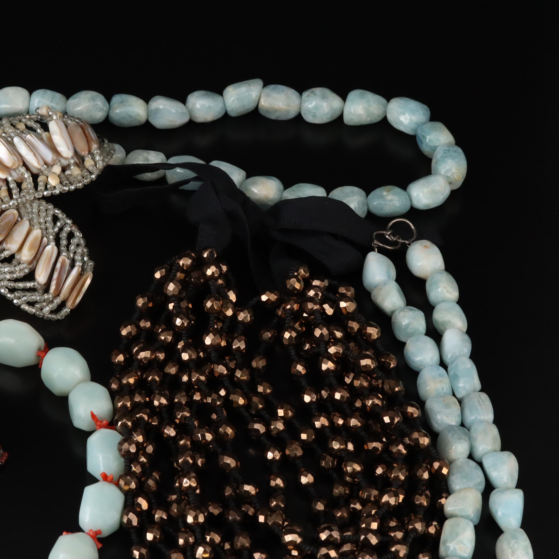 Necklaces and Brooches Including Sterling with Smoky Quartz, Glass and Coral