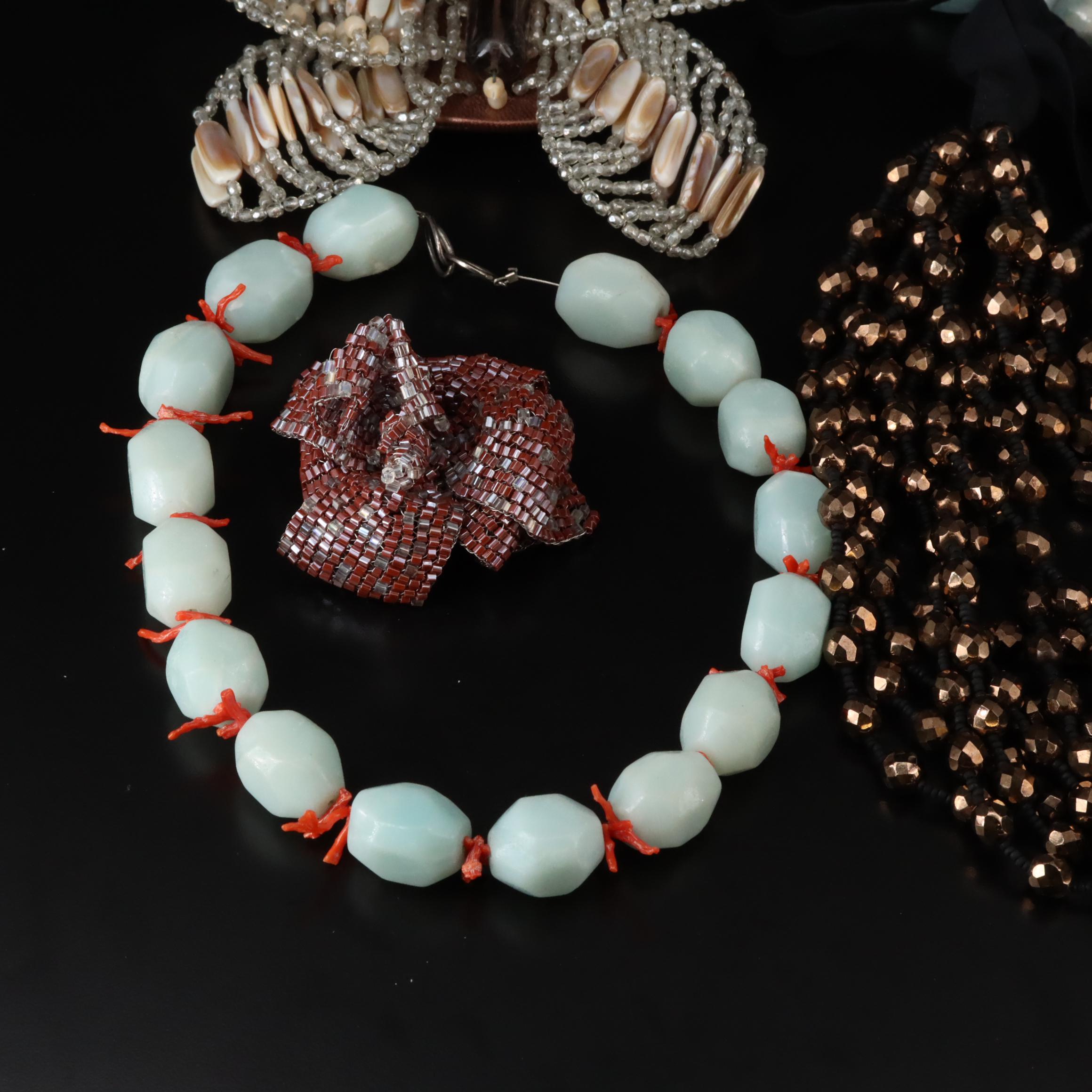 Necklaces and Brooches Including Sterling with Smoky Quartz, Glass and Coral