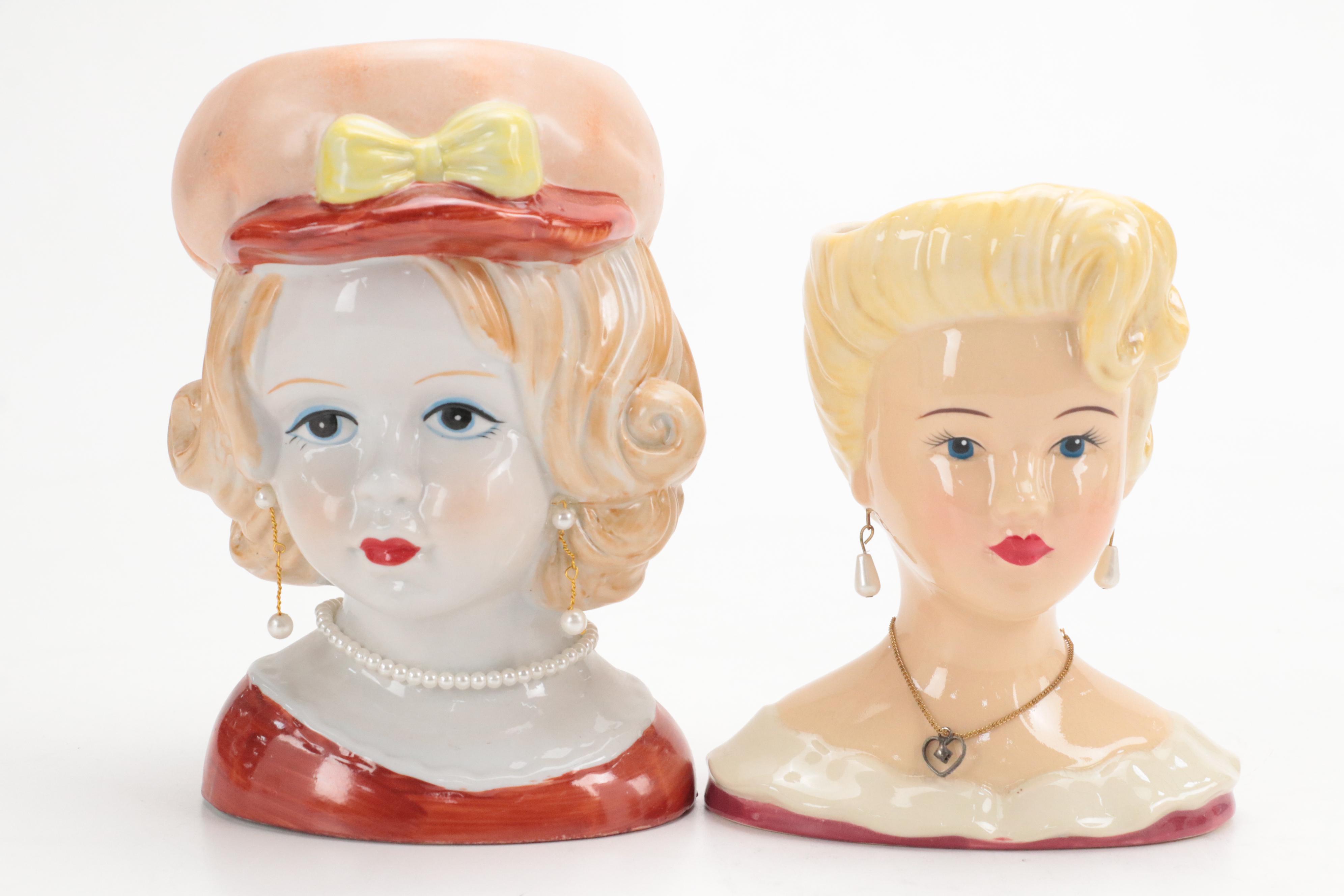 Japanese Noritake Ceramic Lady Head Vase with More Lady Head Vases, Mid-20th C.