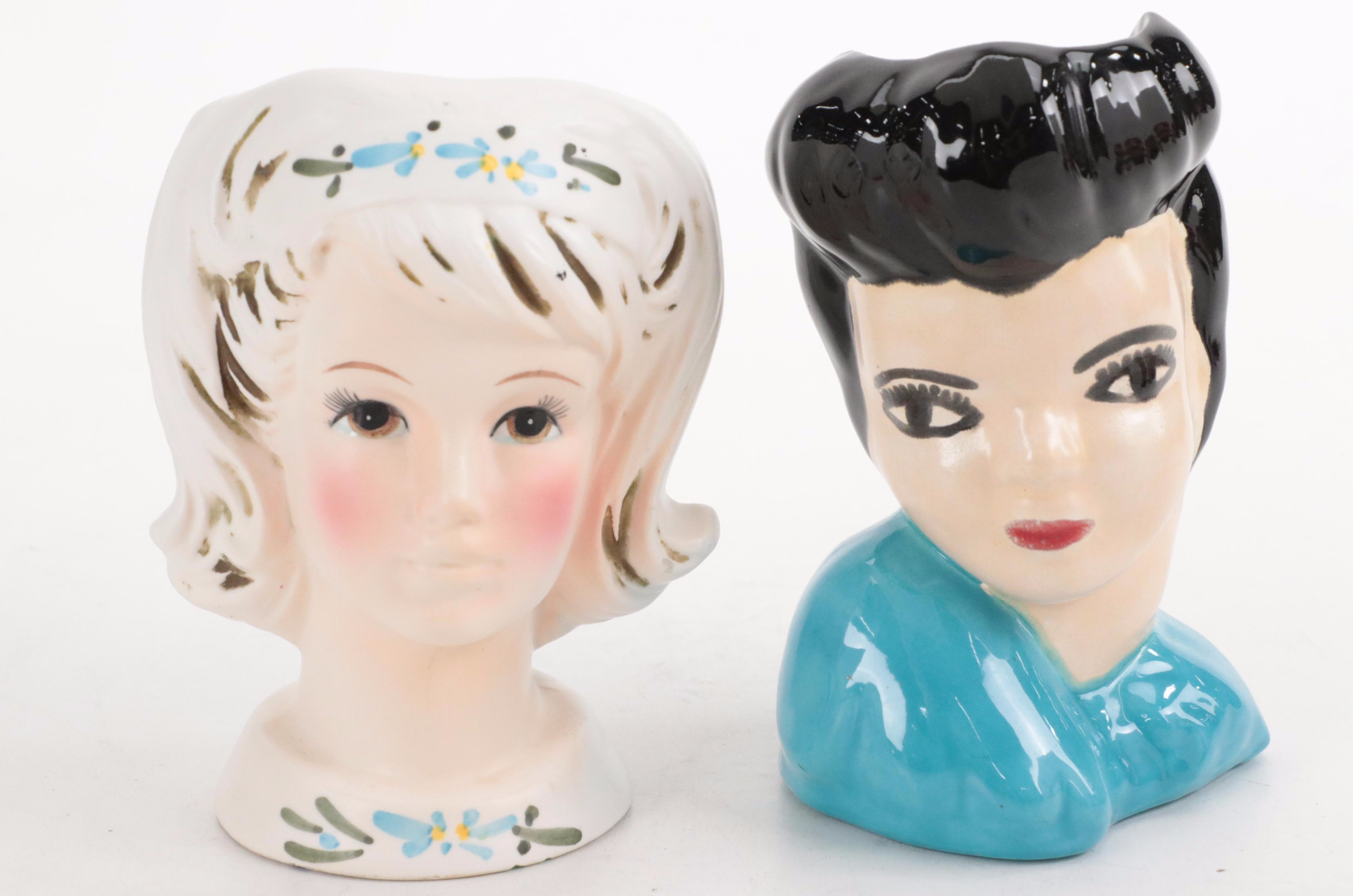 Japanese Noritake Ceramic Lady Head Vase with More Lady Head Vases, Mid-20th C.