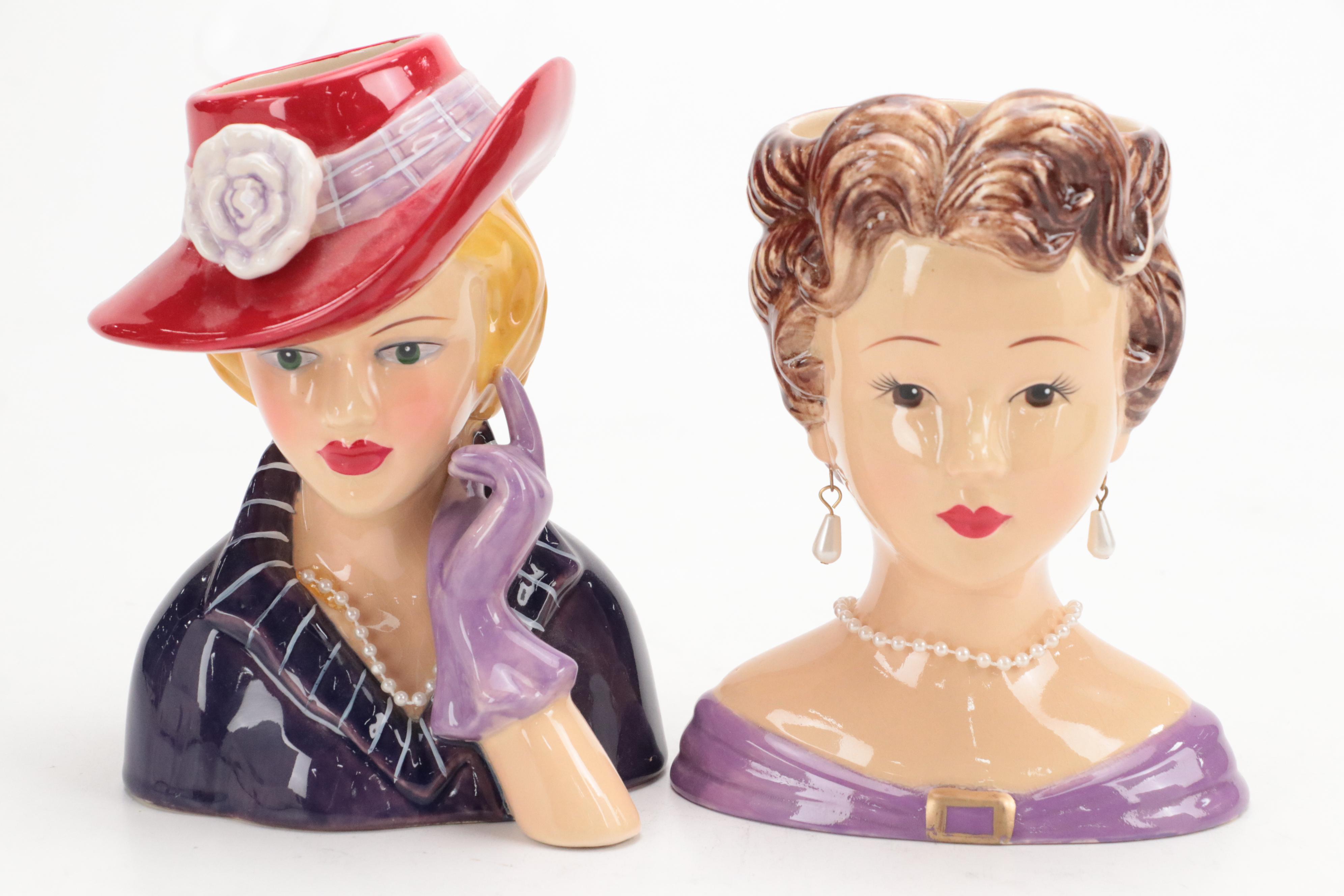 Japanese Noritake Ceramic Lady Head Vase with More Lady Head Vases, Mid-20th C.