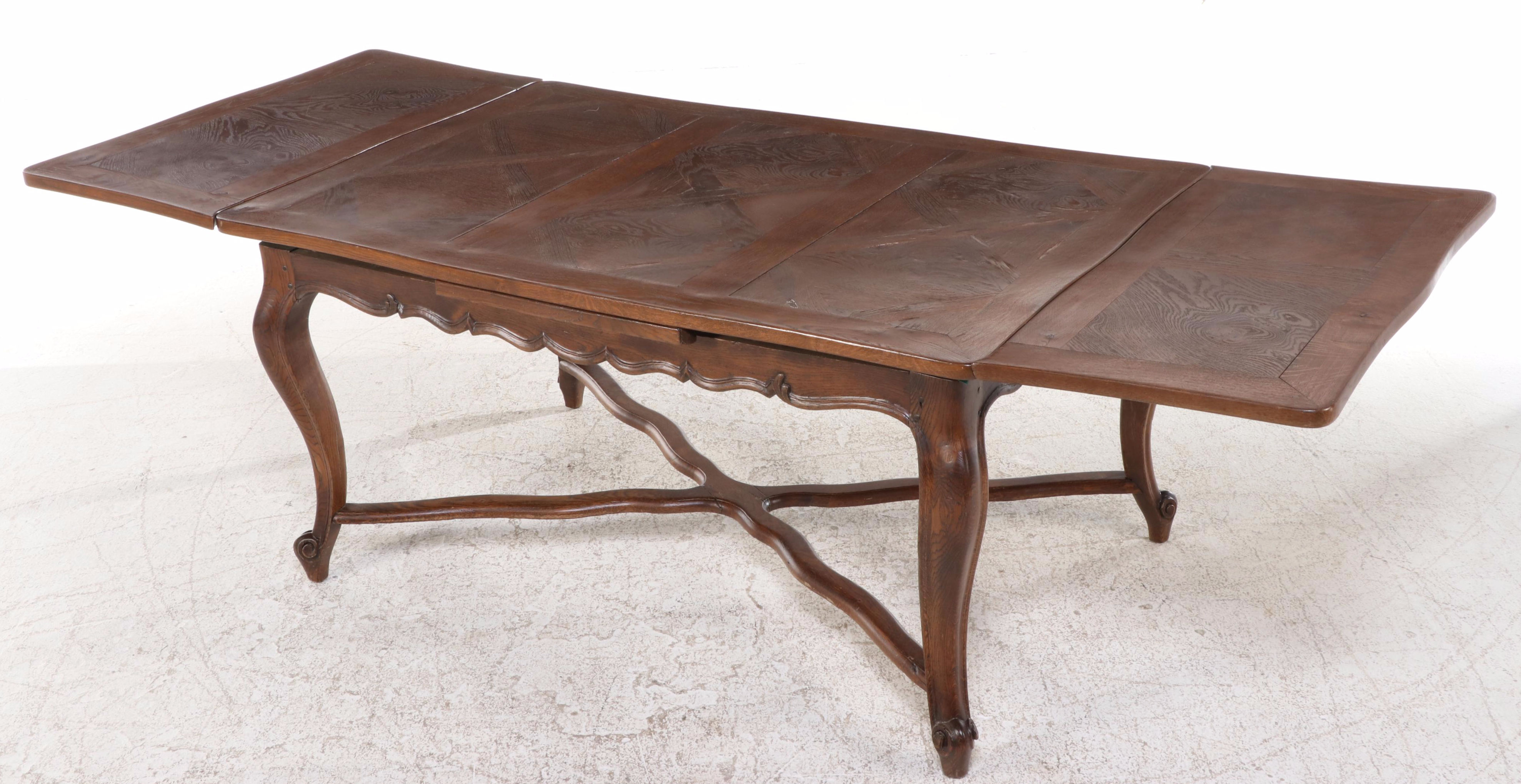 Louis XV Style Carved Oak and Parquetry Draw-Leaf Dining Table and Four Chairs