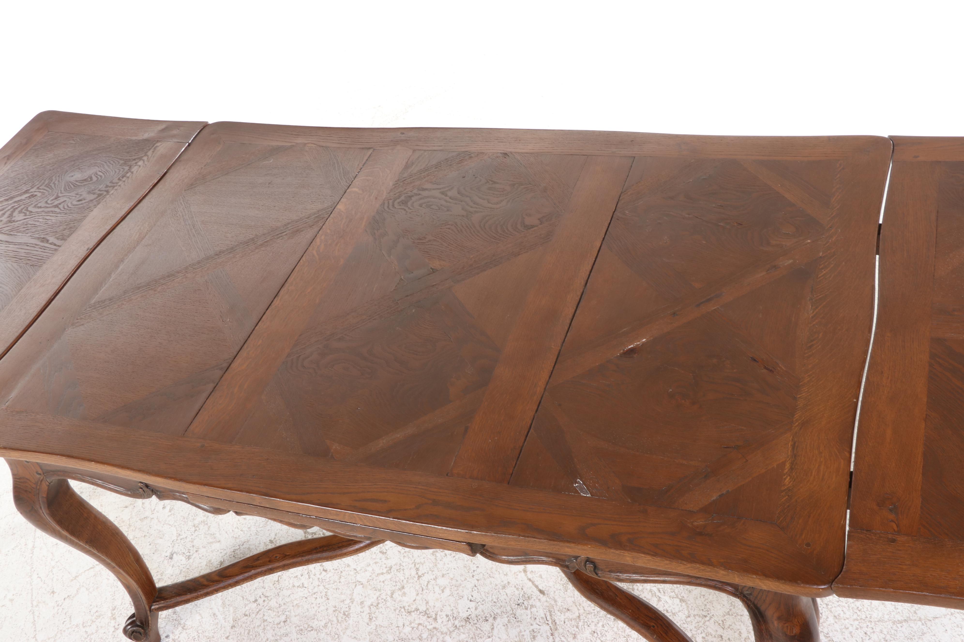 Louis XV Style Carved Oak and Parquetry Draw-Leaf Dining Table and Four Chairs