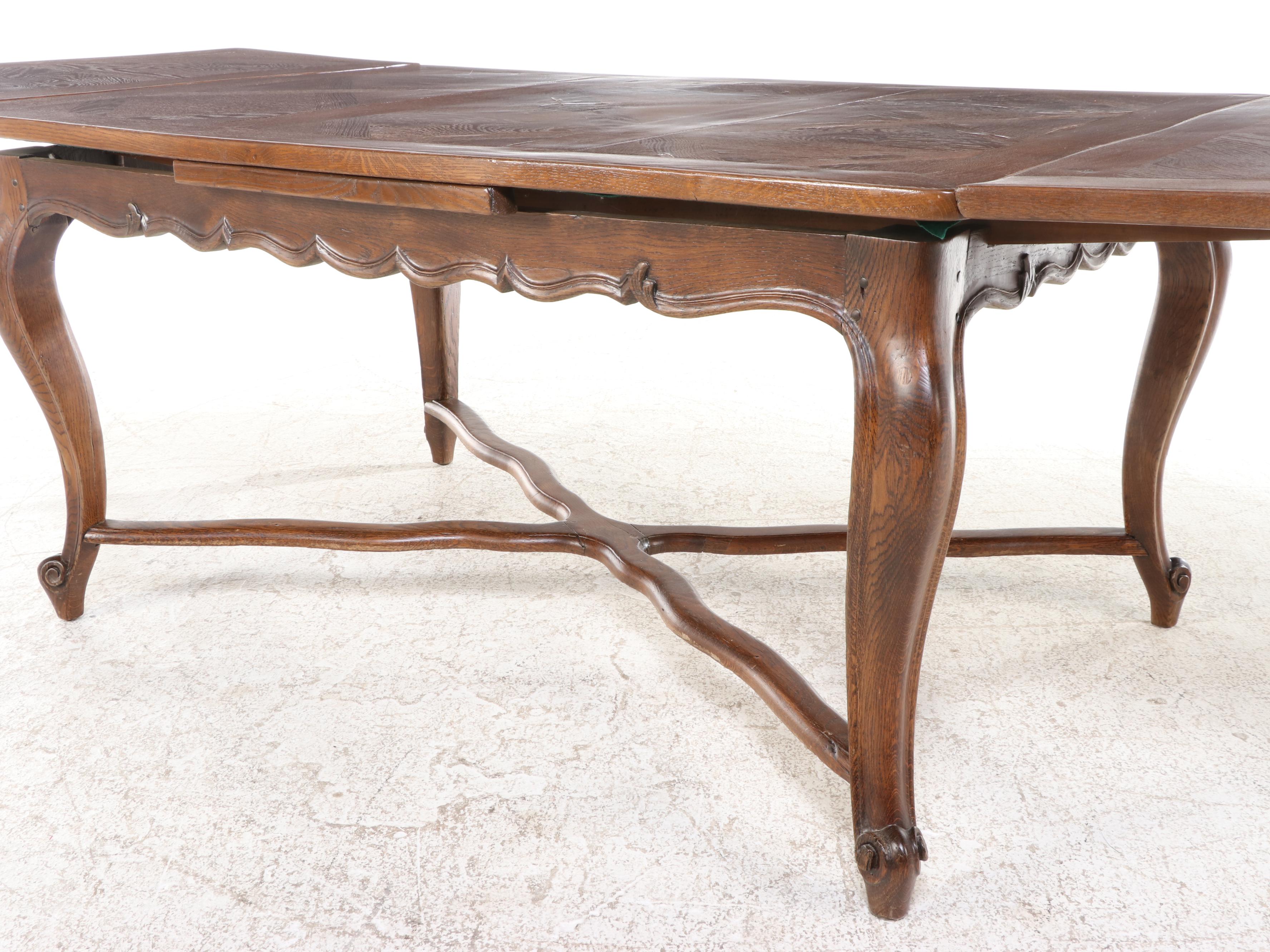 Louis XV Style Carved Oak and Parquetry Draw-Leaf Dining Table and Four Chairs