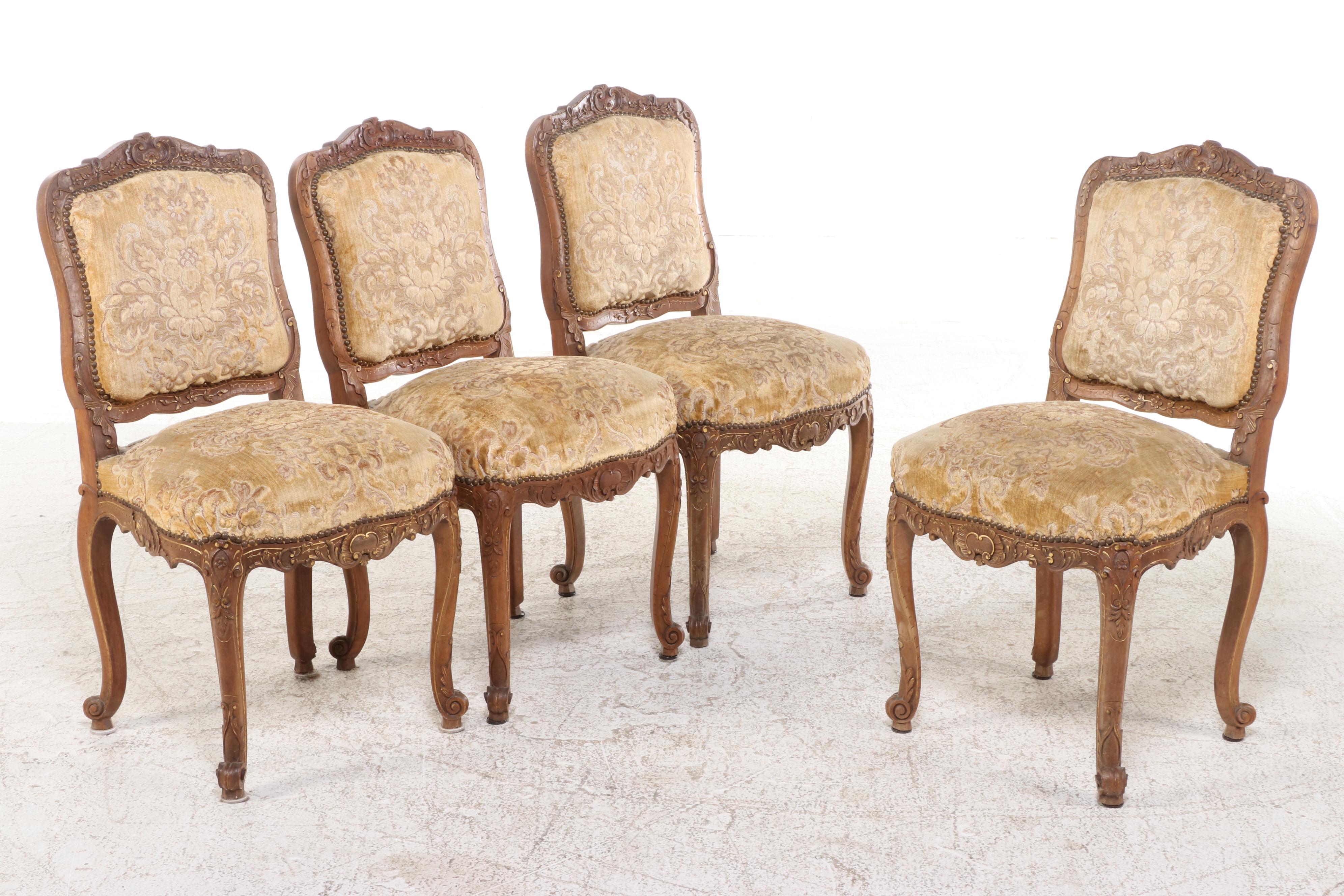 Louis XV Style Carved Oak and Parquetry Draw-Leaf Dining Table and Four Chairs