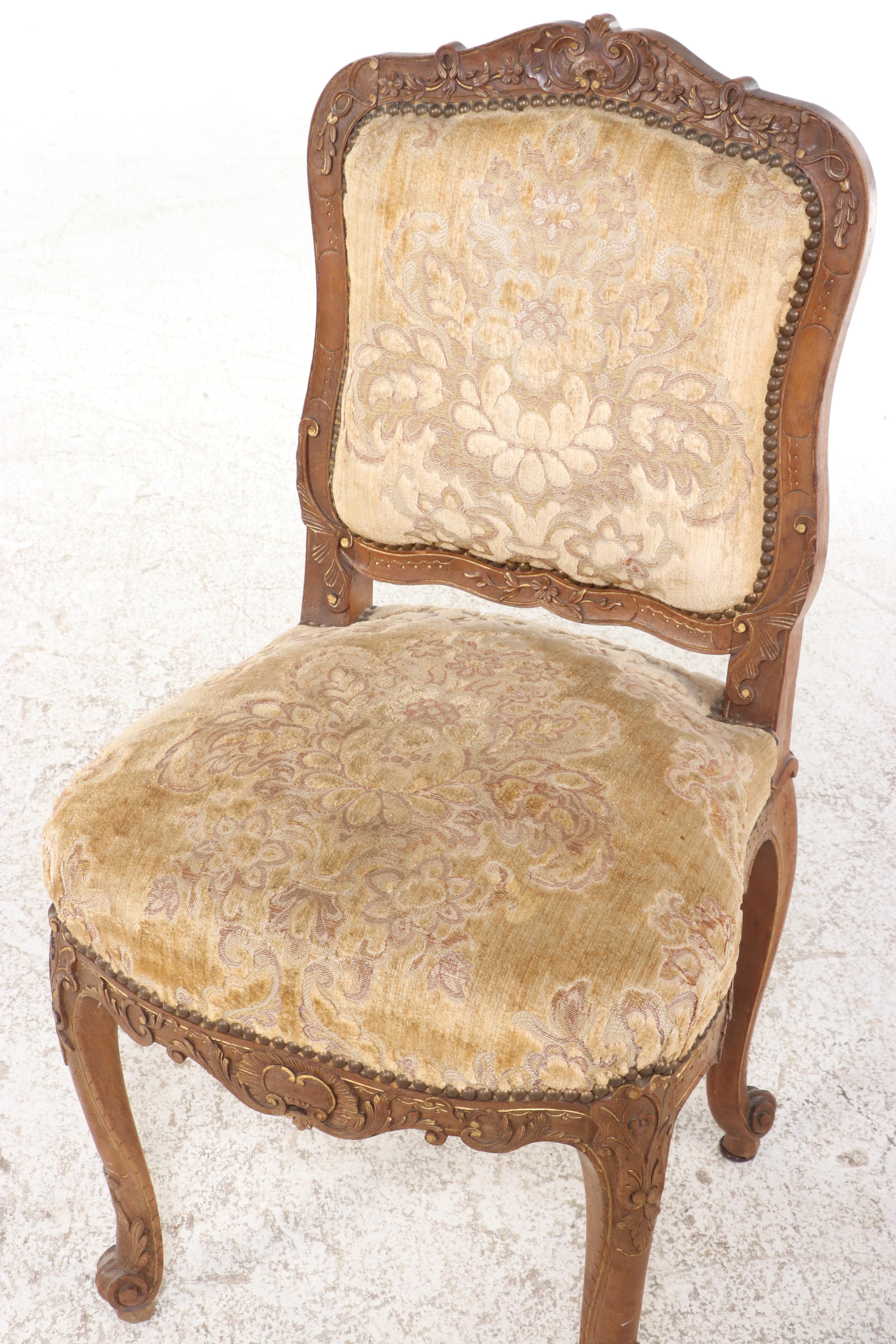 Louis XV Style Carved Oak and Parquetry Draw-Leaf Dining Table and Four Chairs