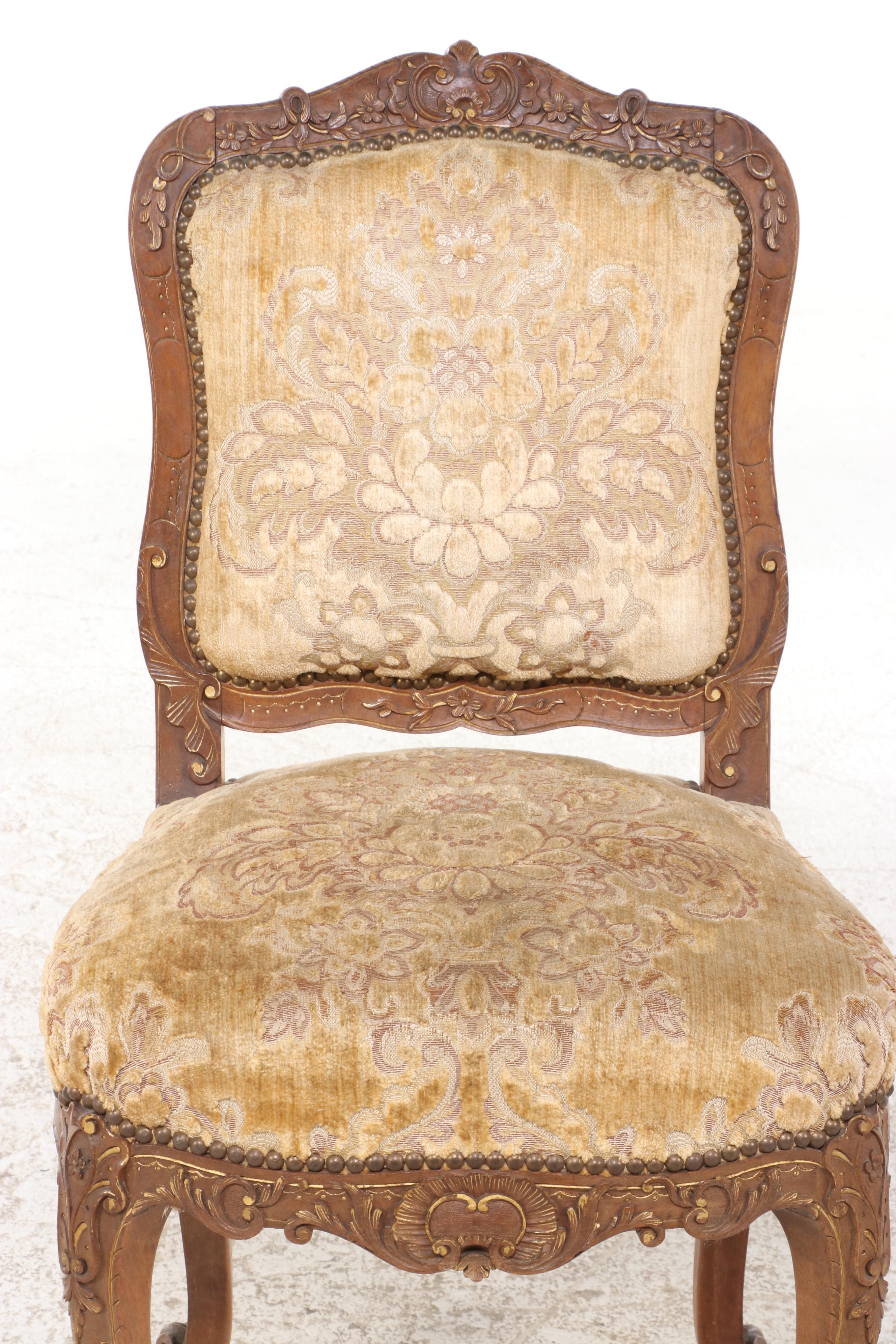 Louis XV Style Carved Oak and Parquetry Draw-Leaf Dining Table and Four Chairs