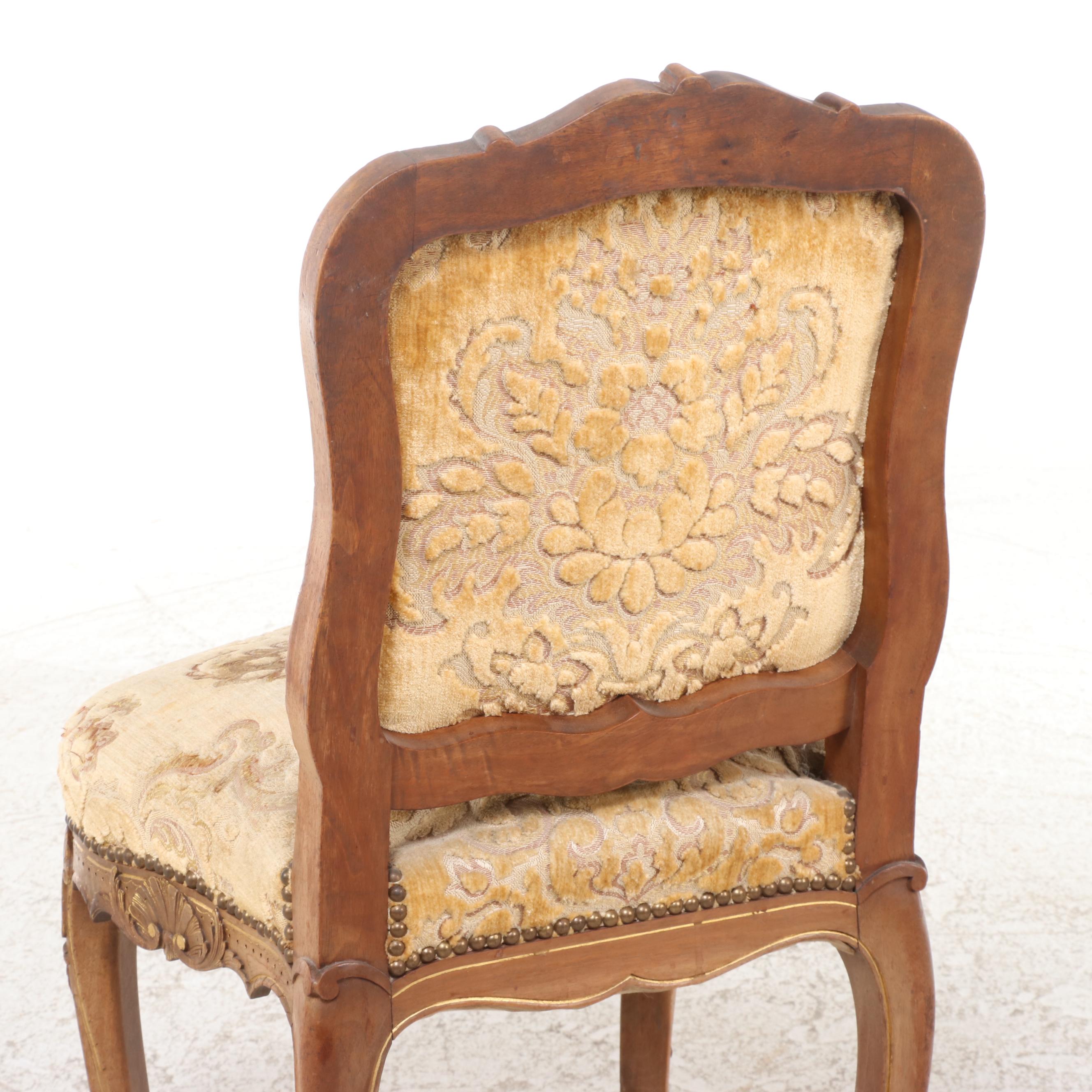 Louis XV Style Carved Oak and Parquetry Draw-Leaf Dining Table and Four Chairs