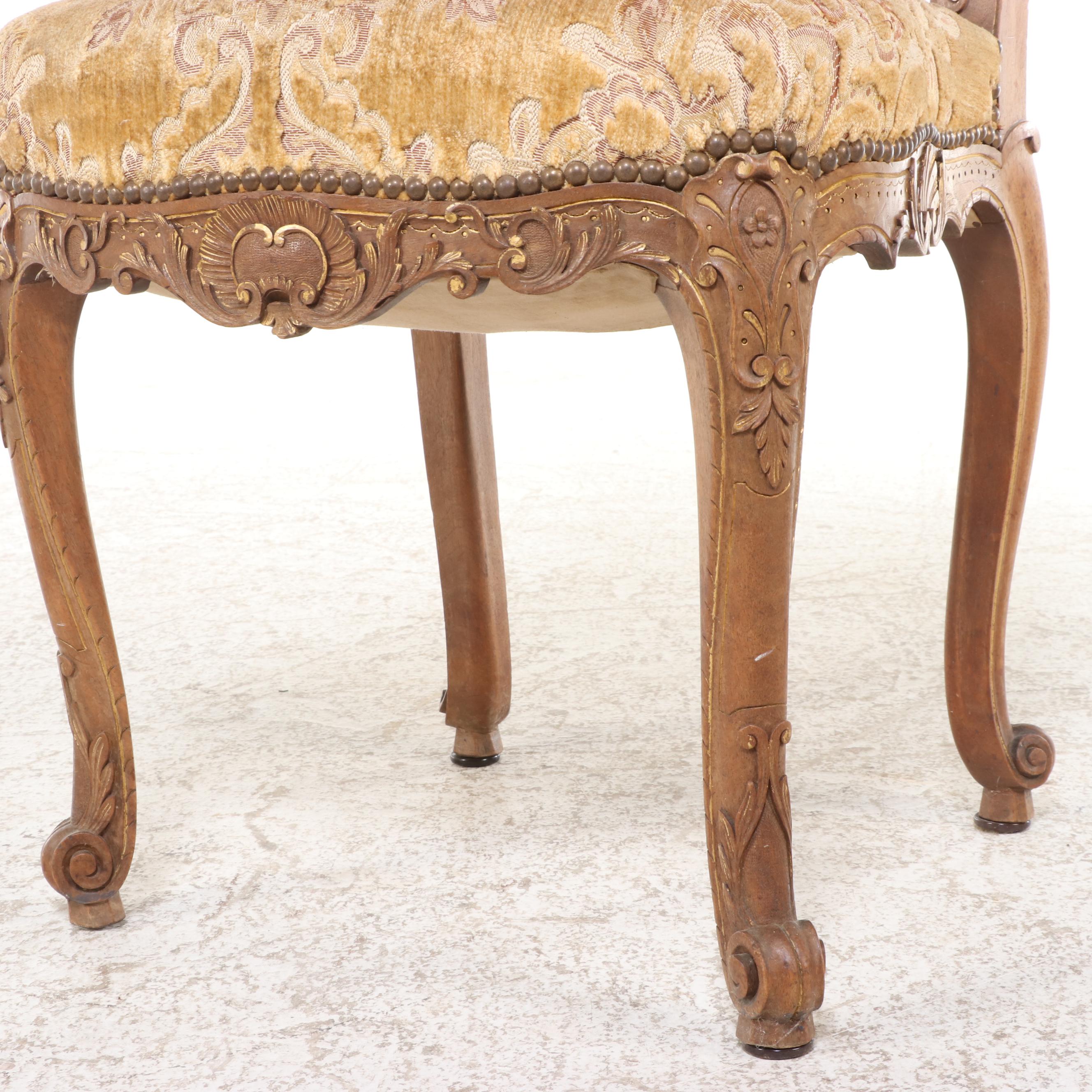 Louis XV Style Carved Oak and Parquetry Draw-Leaf Dining Table and Four Chairs