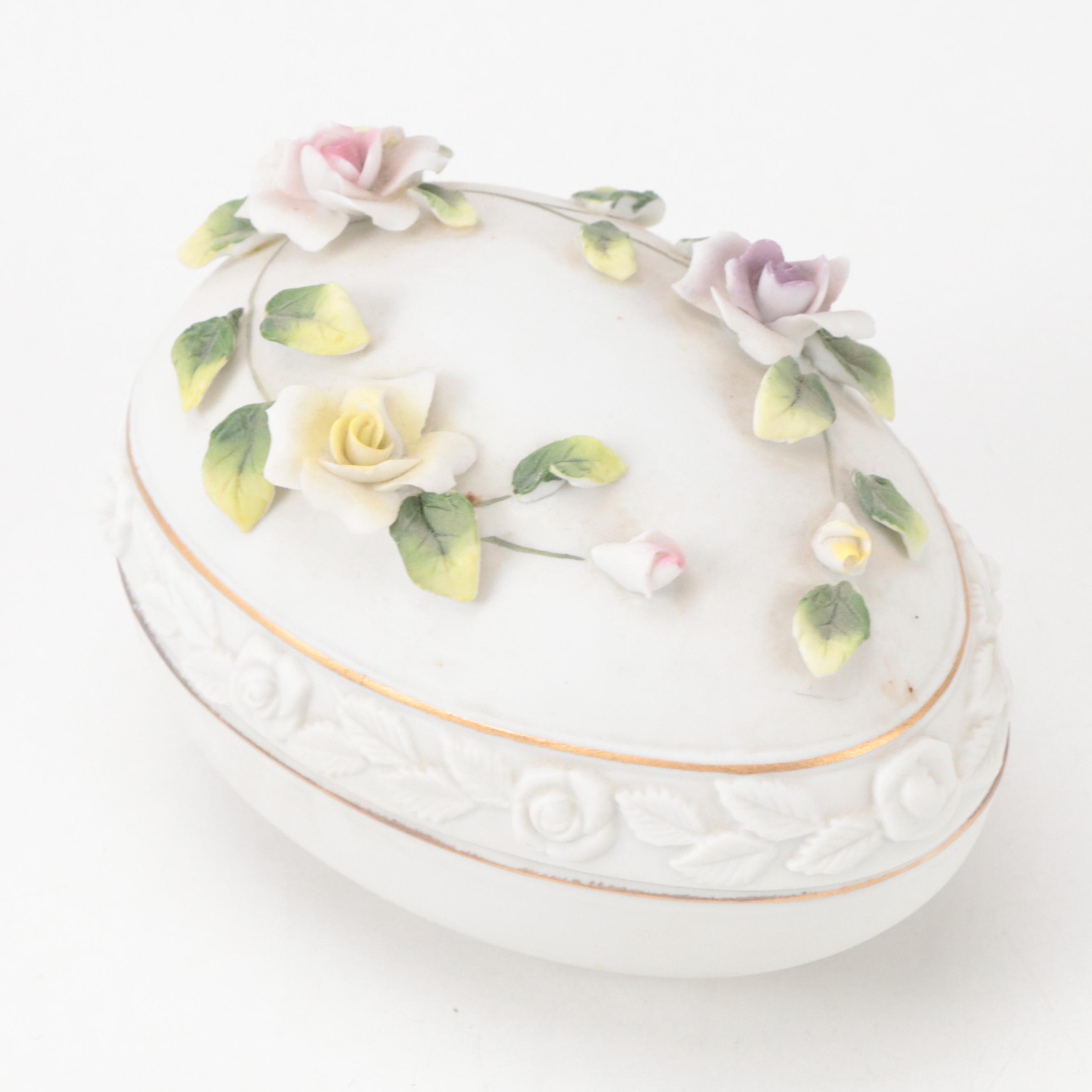 Lefton Bisque Porcelain Floral Egg Box and Porcelain Boot Figurine