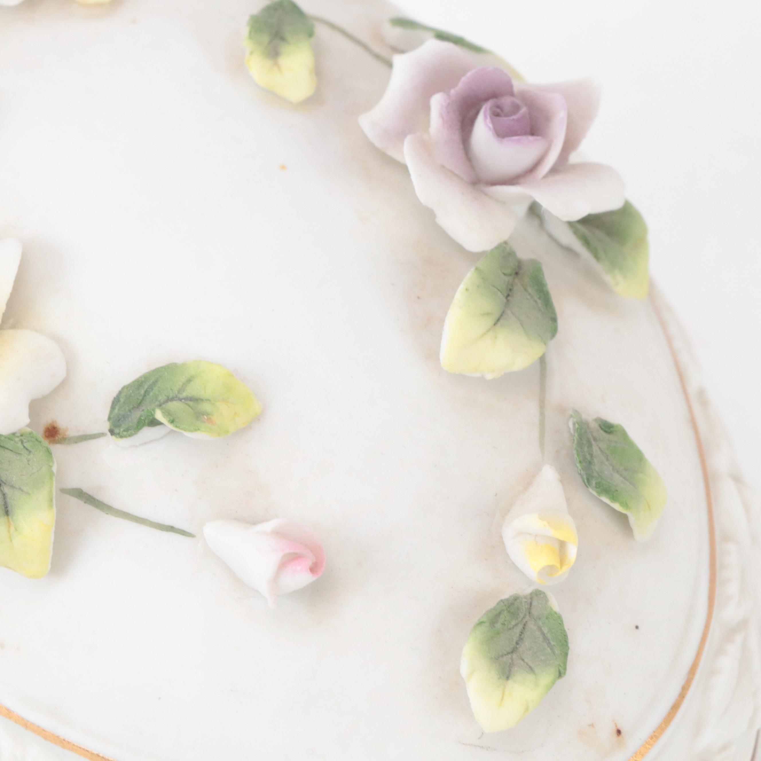 Lefton Bisque Porcelain Floral Egg Box and Porcelain Boot Figurine