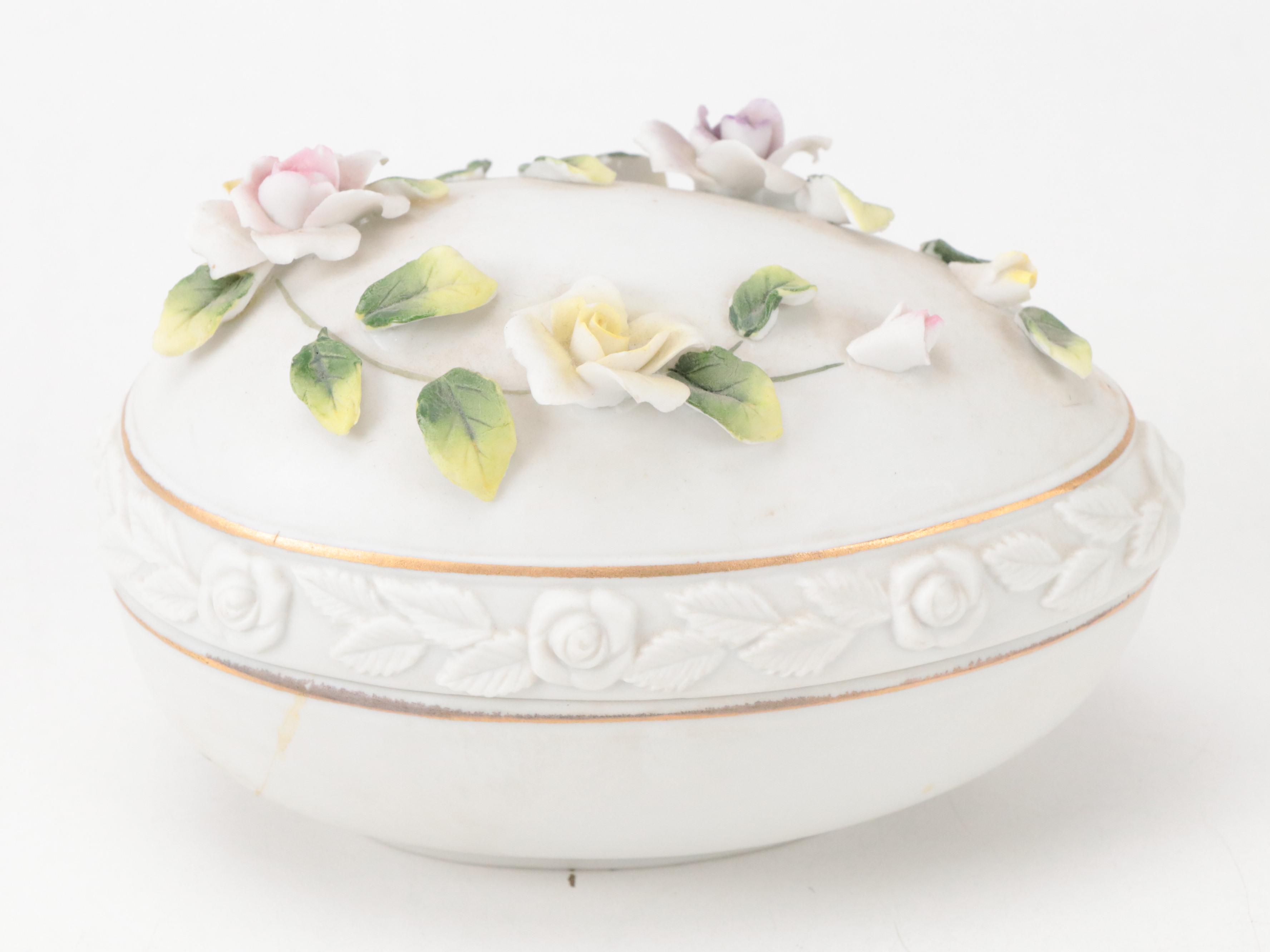 Lefton Bisque Porcelain Floral Egg Box and Porcelain Boot Figurine