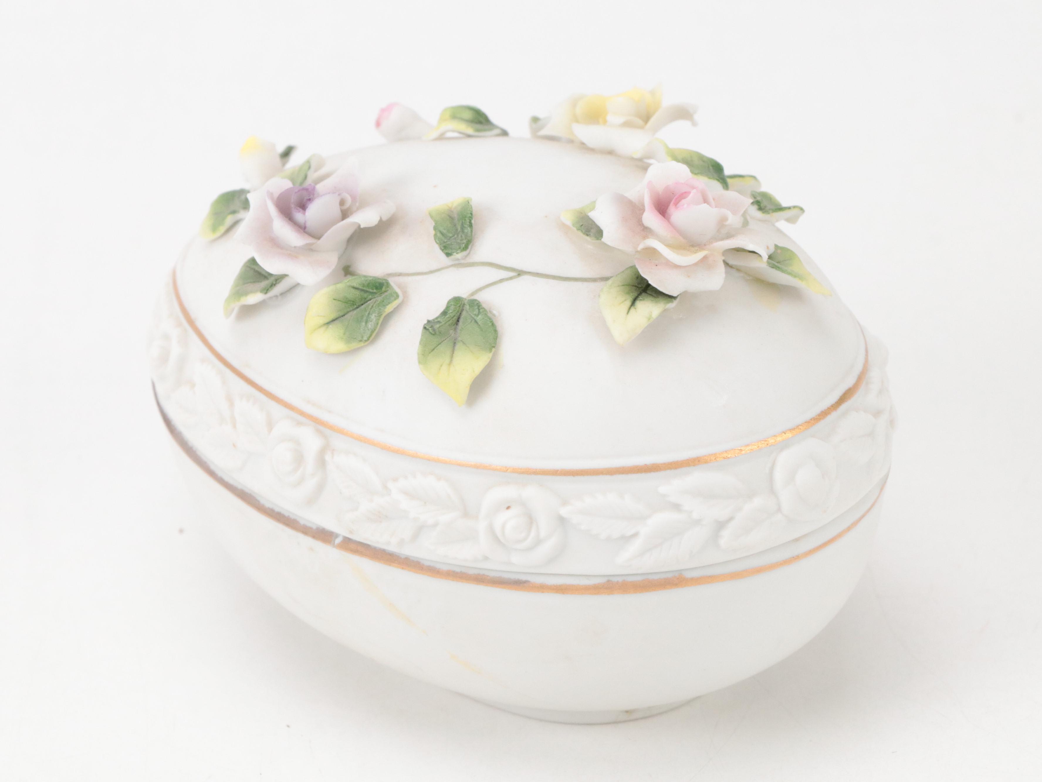 Lefton Bisque Porcelain Floral Egg Box and Porcelain Boot Figurine