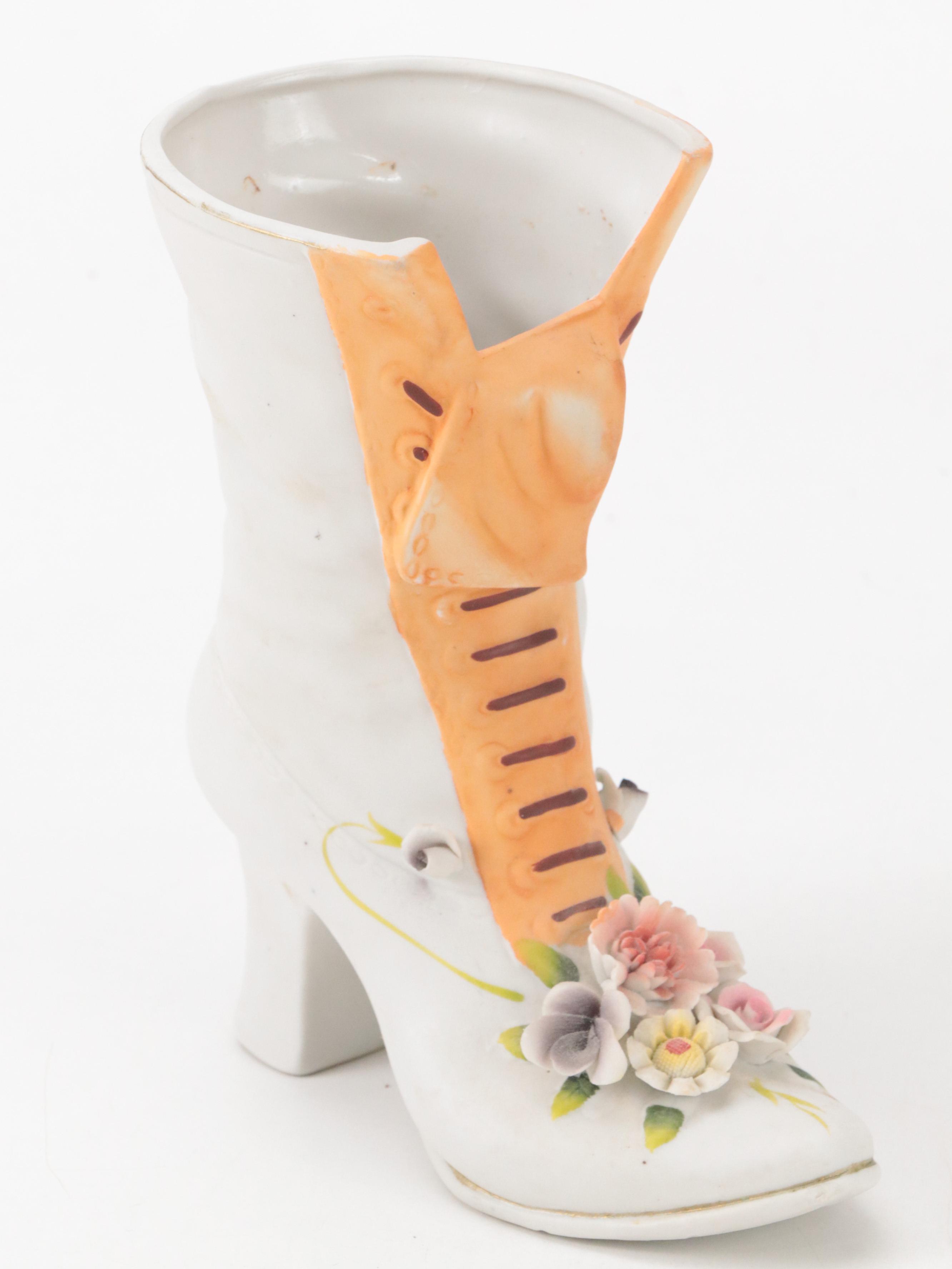 Lefton Bisque Porcelain Floral Egg Box and Porcelain Boot Figurine