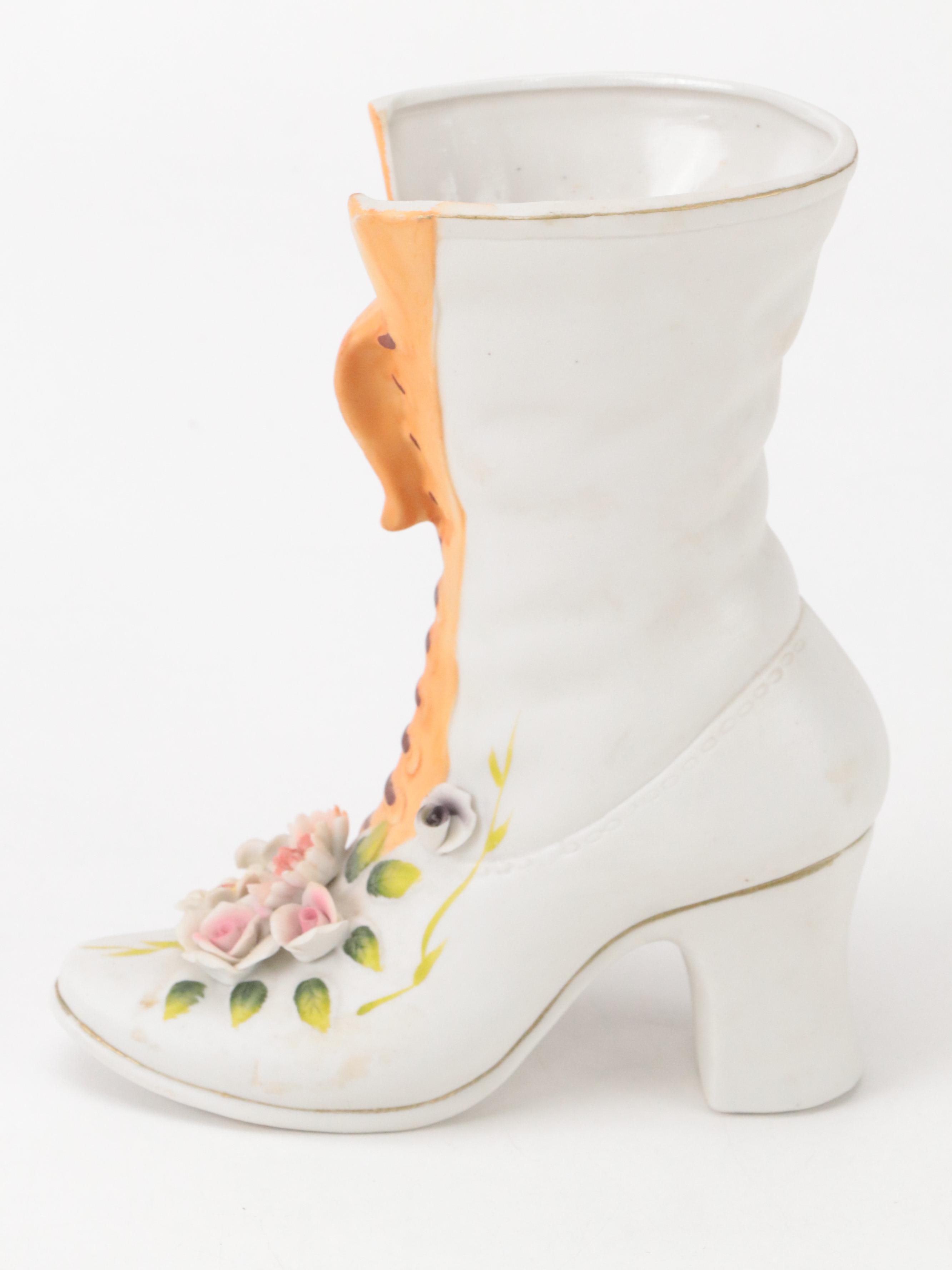 Lefton Bisque Porcelain Floral Egg Box and Porcelain Boot Figurine