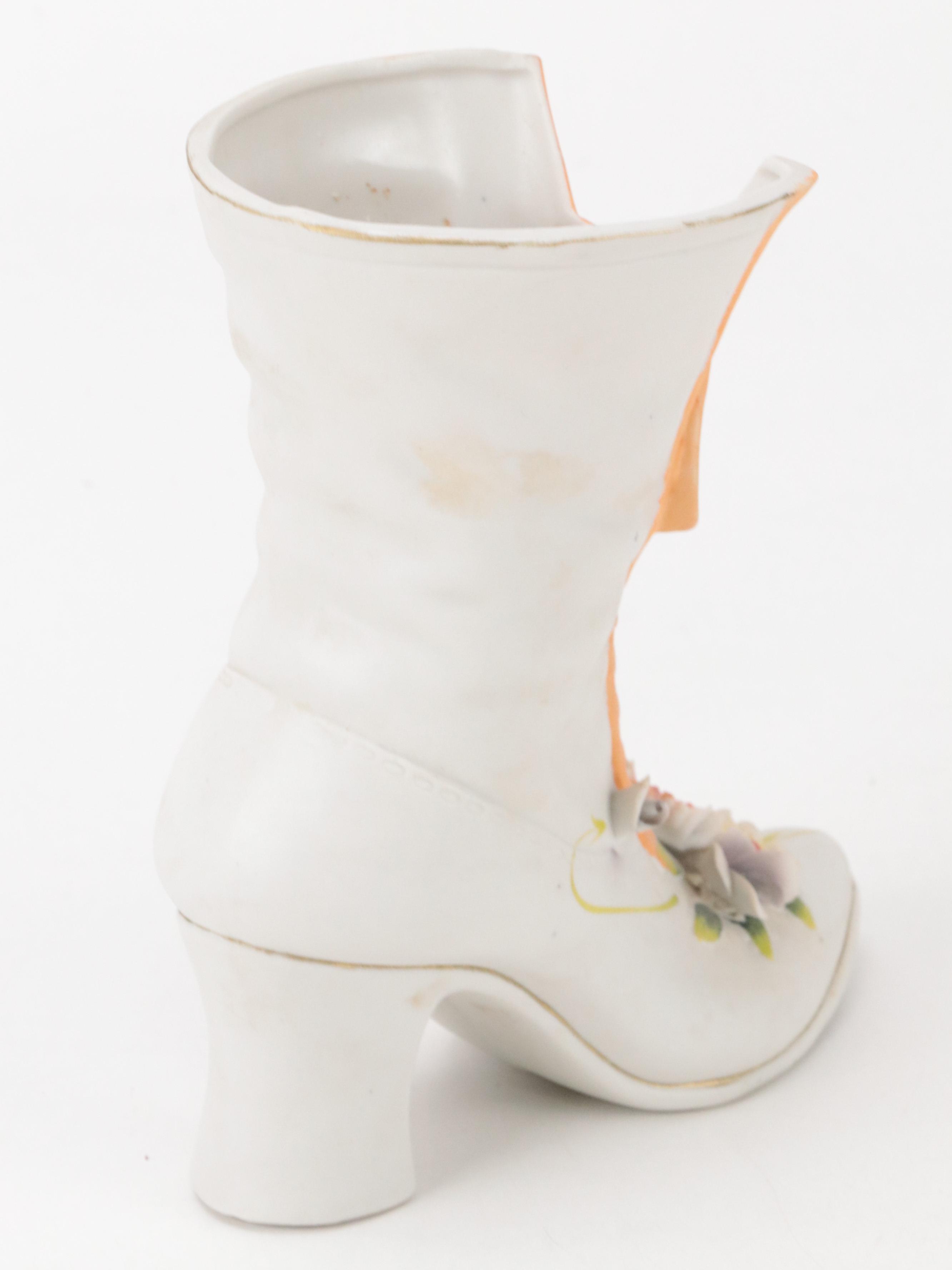 Lefton Bisque Porcelain Floral Egg Box and Porcelain Boot Figurine