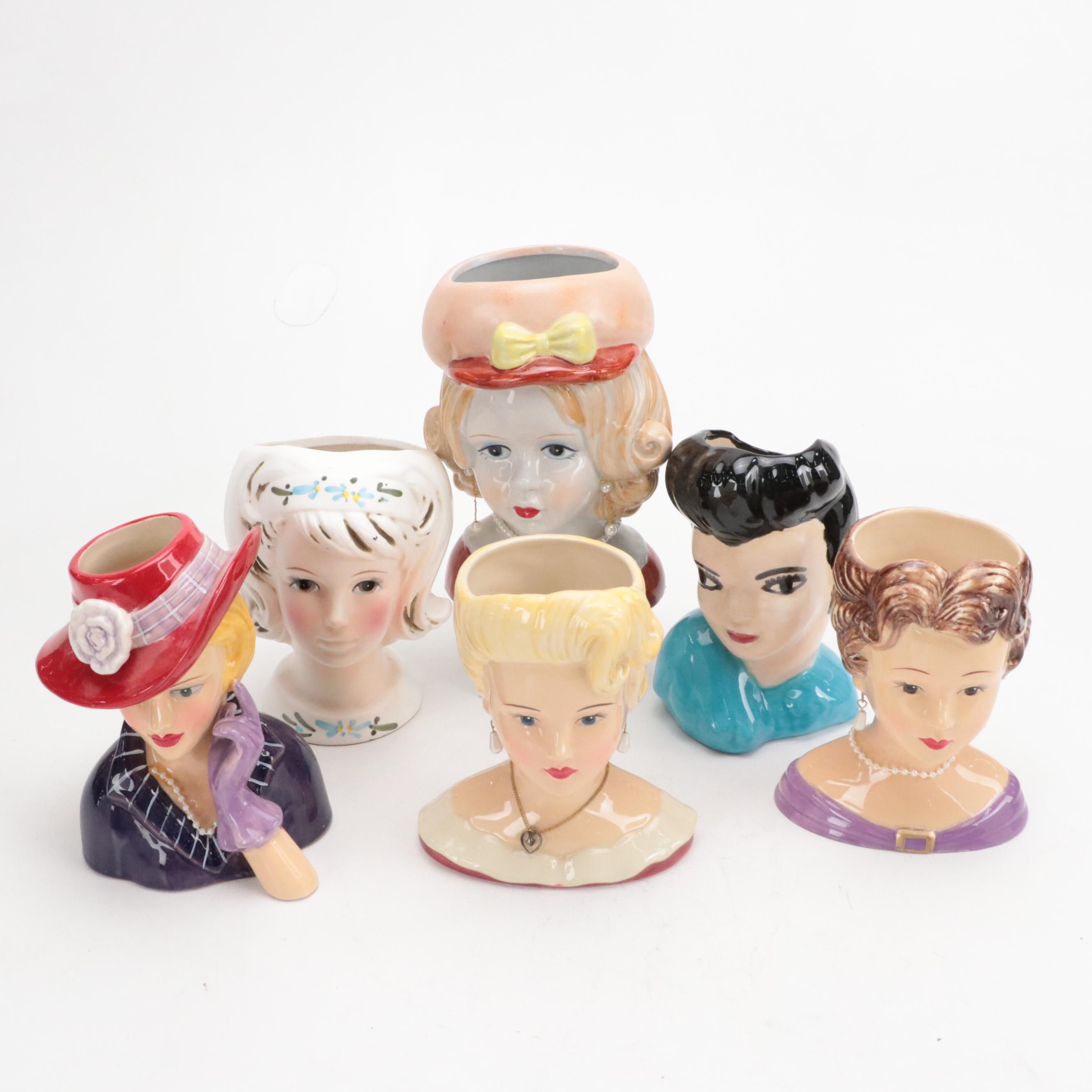 Japanese Noritake Ceramic Lady Head Vase with More Lady Head Vases, Mid-20th C.