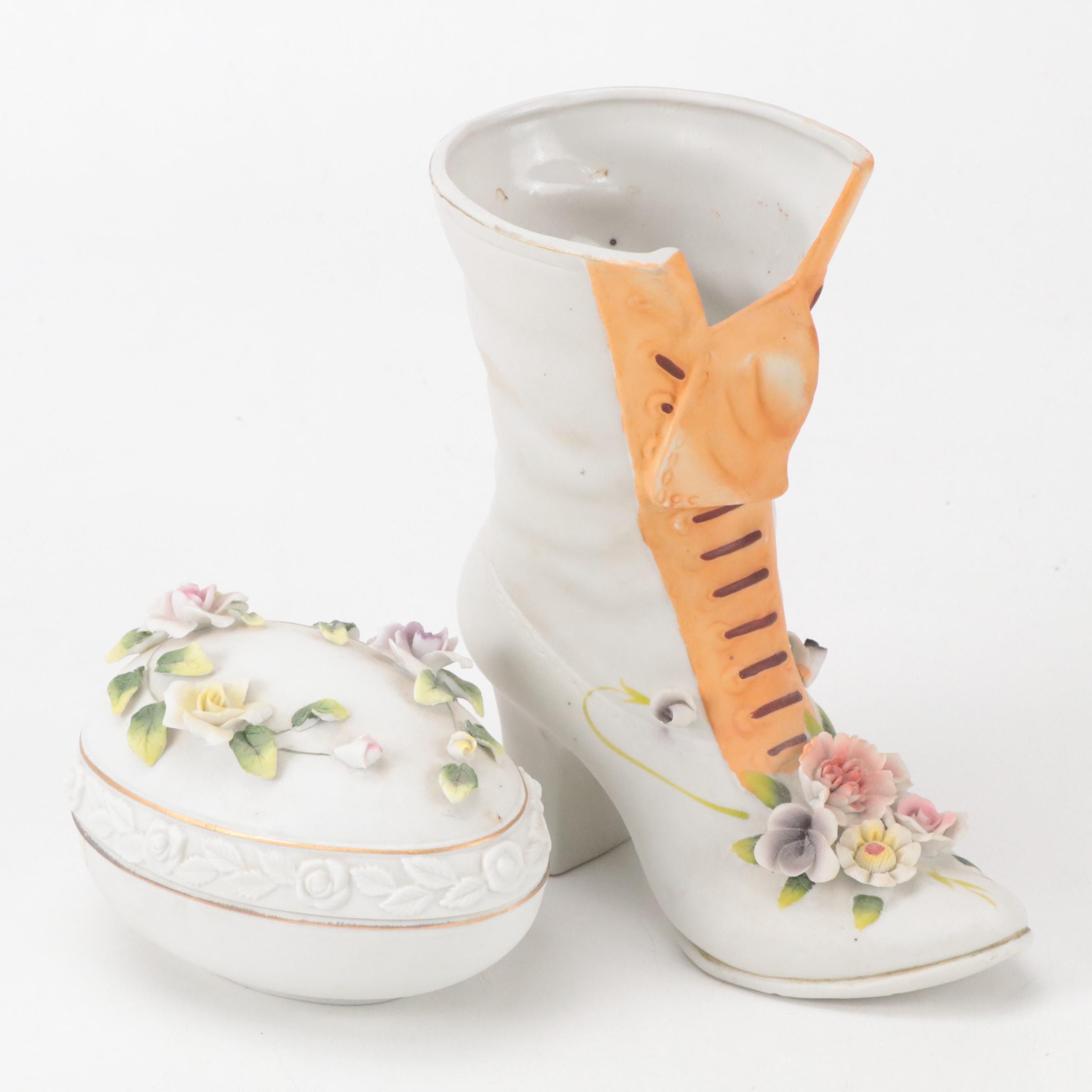 Lefton Bisque Porcelain Floral Egg Box and Porcelain Boot Figurine