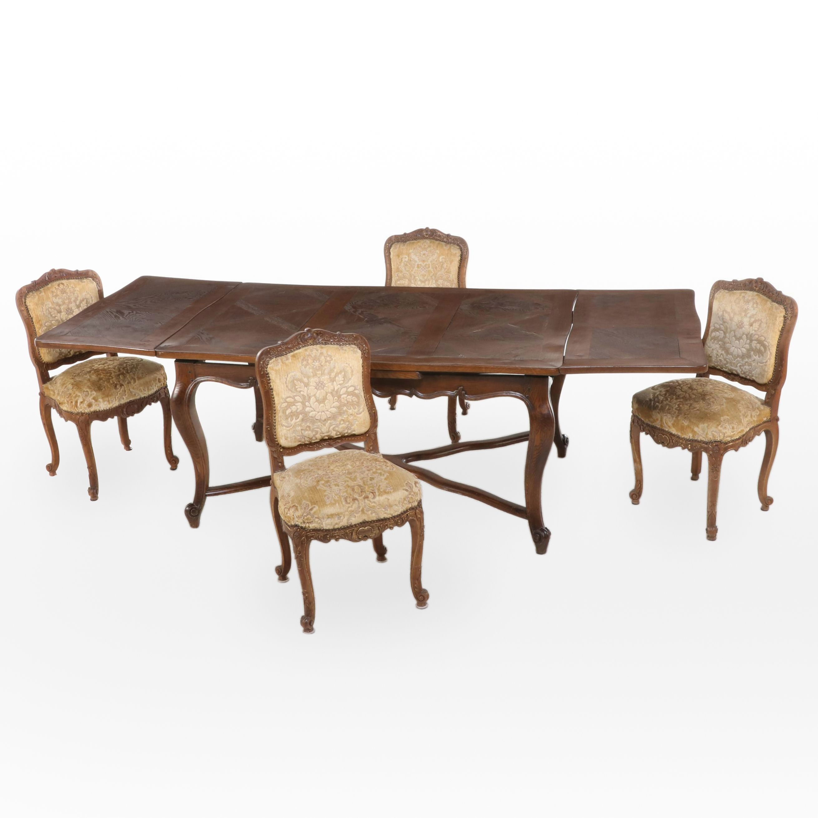 Louis XV Style Carved Oak and Parquetry Draw-Leaf Dining Table and Four Chairs