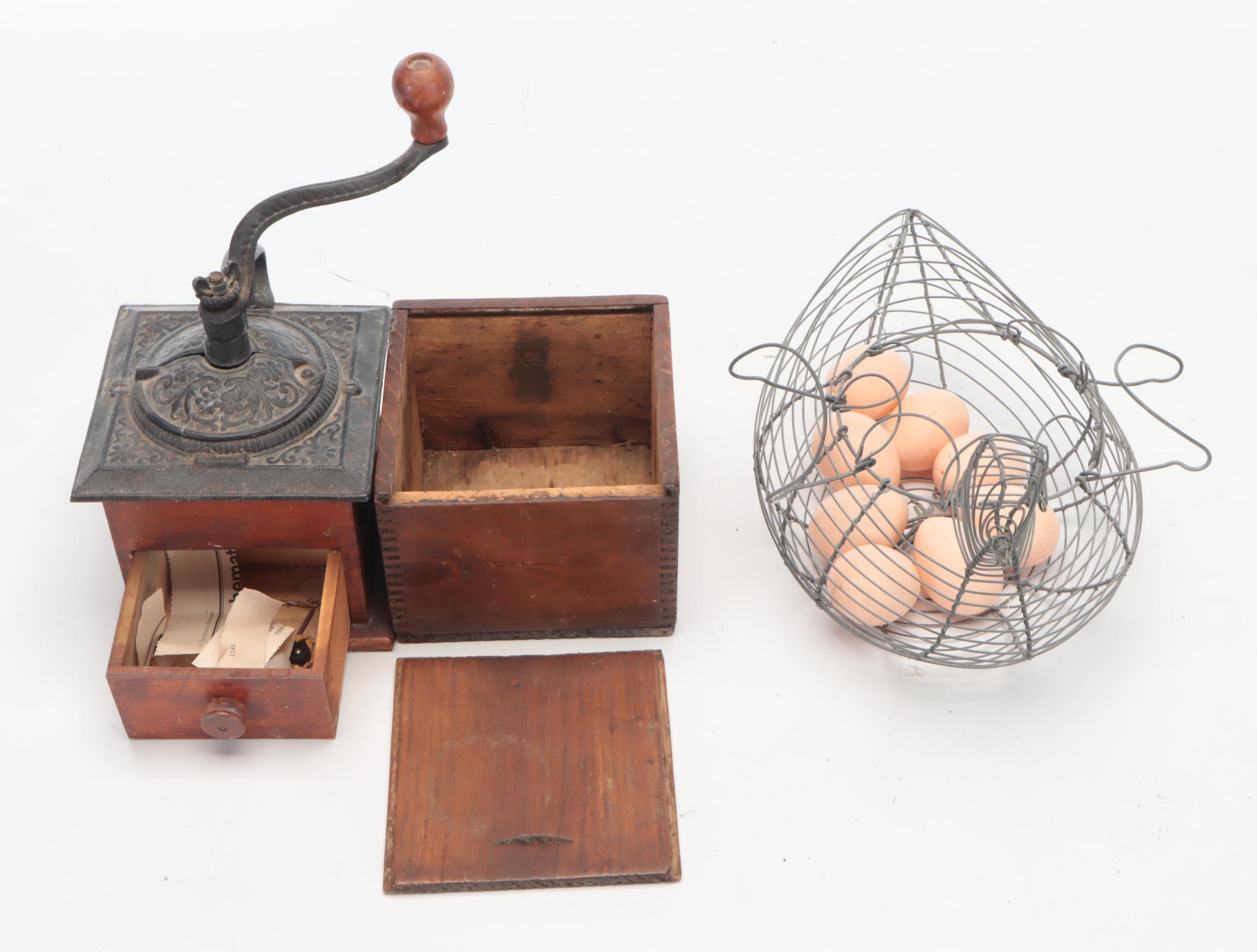 Primitive Wooden Dough Bowl with Wire Baskets and Other Kitchenware