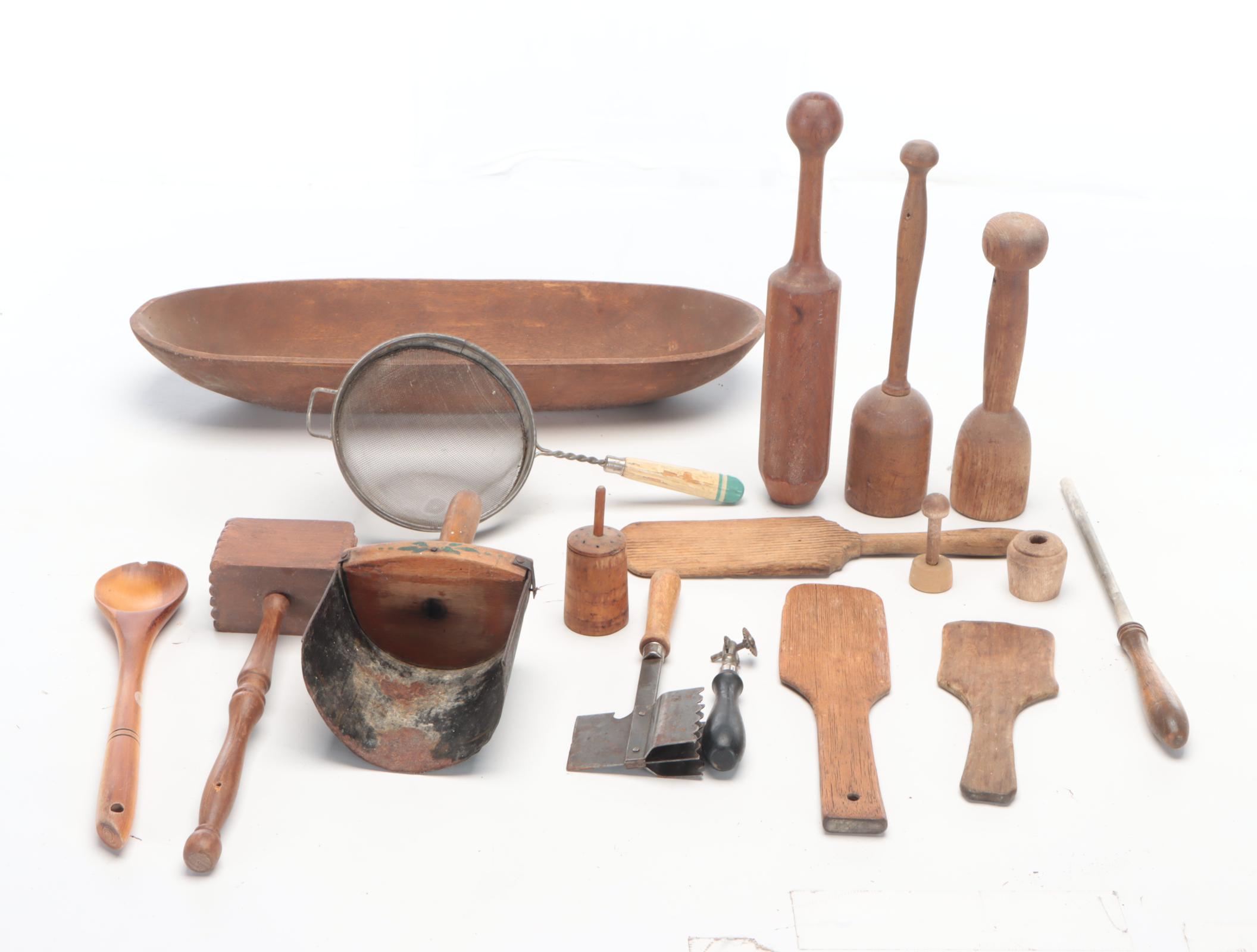 Primitive Wooden Dough Bowl with Wire Baskets and Other Kitchenware