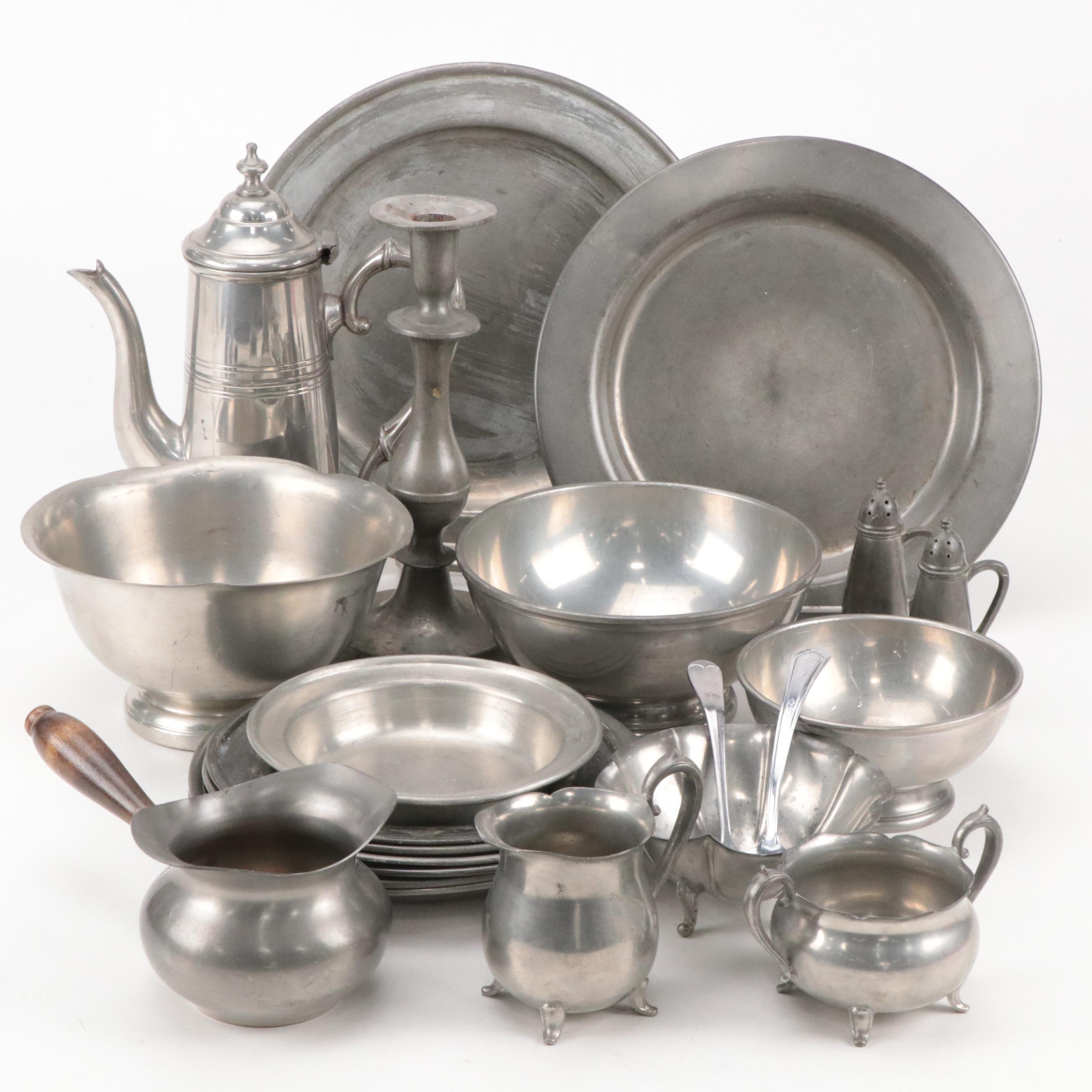 Stieff "Williamsburg" Pewter Plates with More Pewter Table Accessories