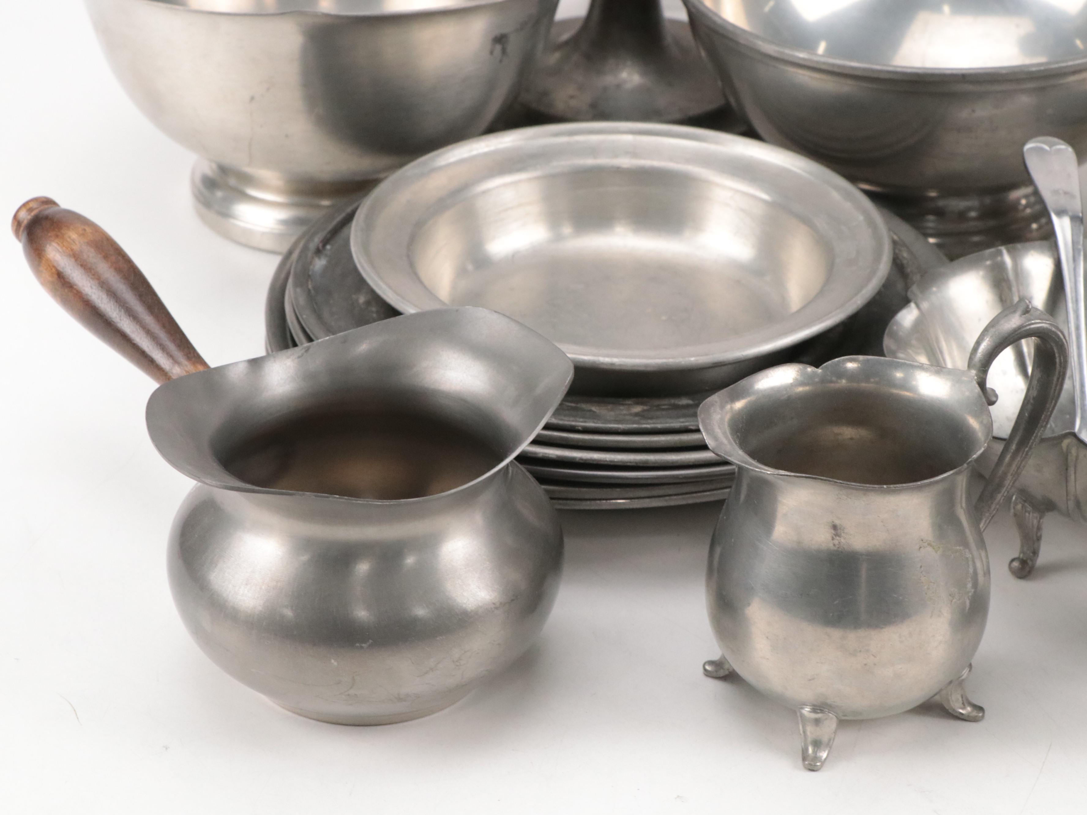Stieff "Williamsburg" Pewter Plates with More Pewter Table Accessories