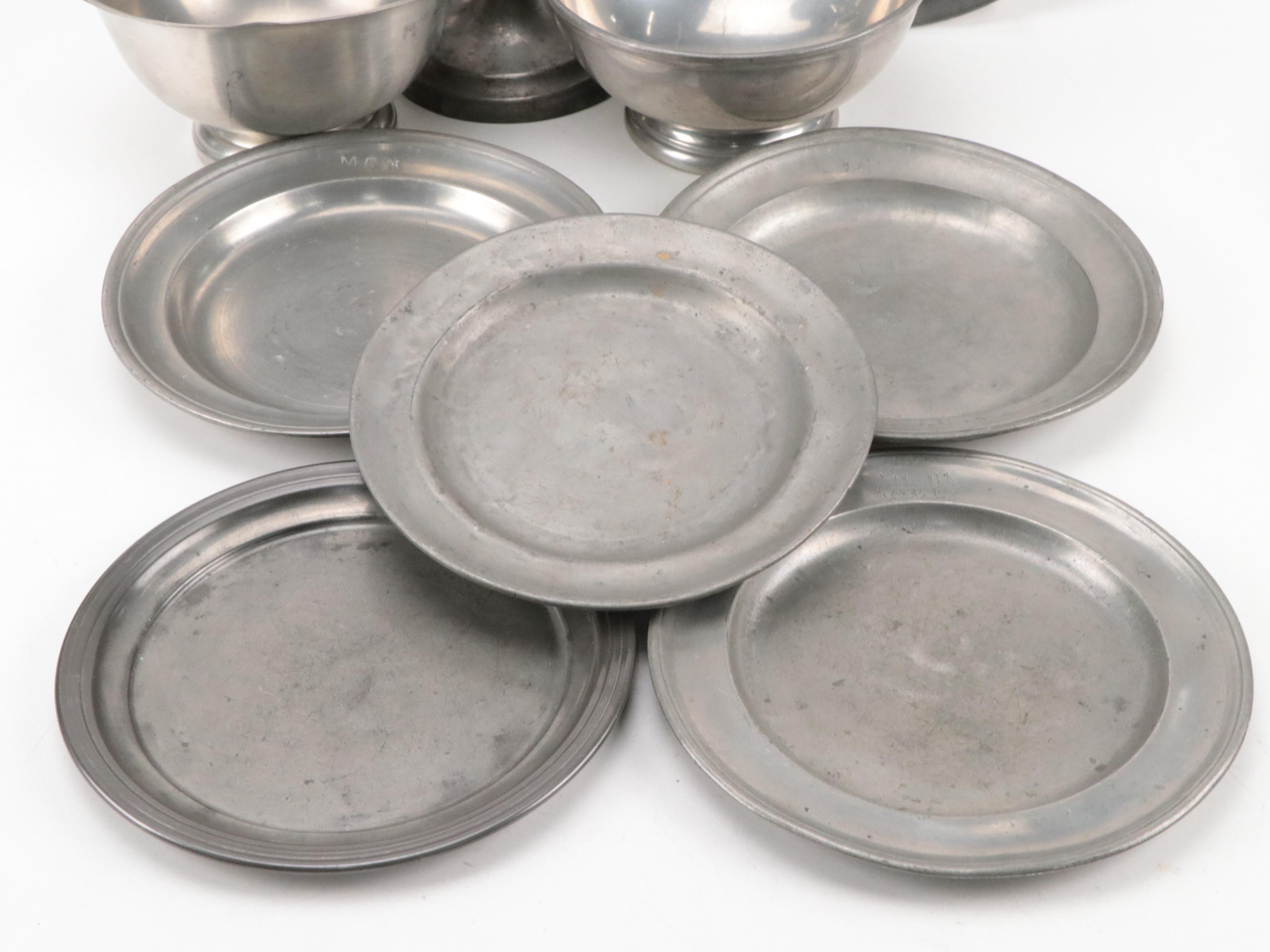 Stieff "Williamsburg" Pewter Plates with More Pewter Table Accessories